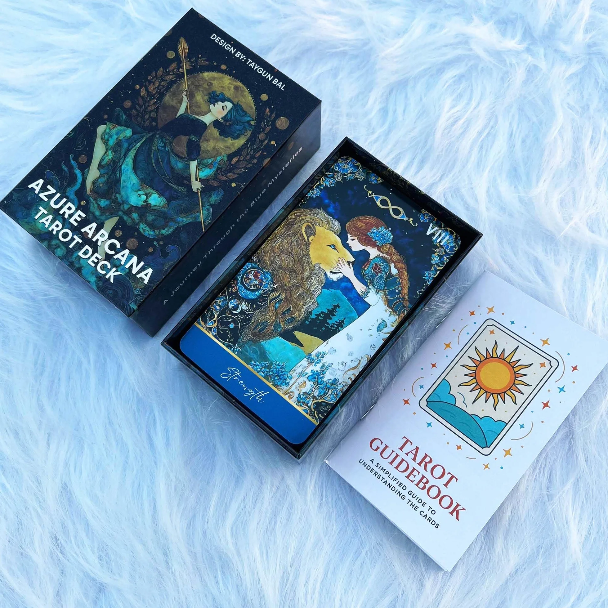 Mazzo di tarocchi Azure Arcana, 78 carte dei tarocchi con guida generale, carte dei tarocchi artistiche blu e oro fantasy per principianti, strumento di divinazione per la lettura della stregoneria