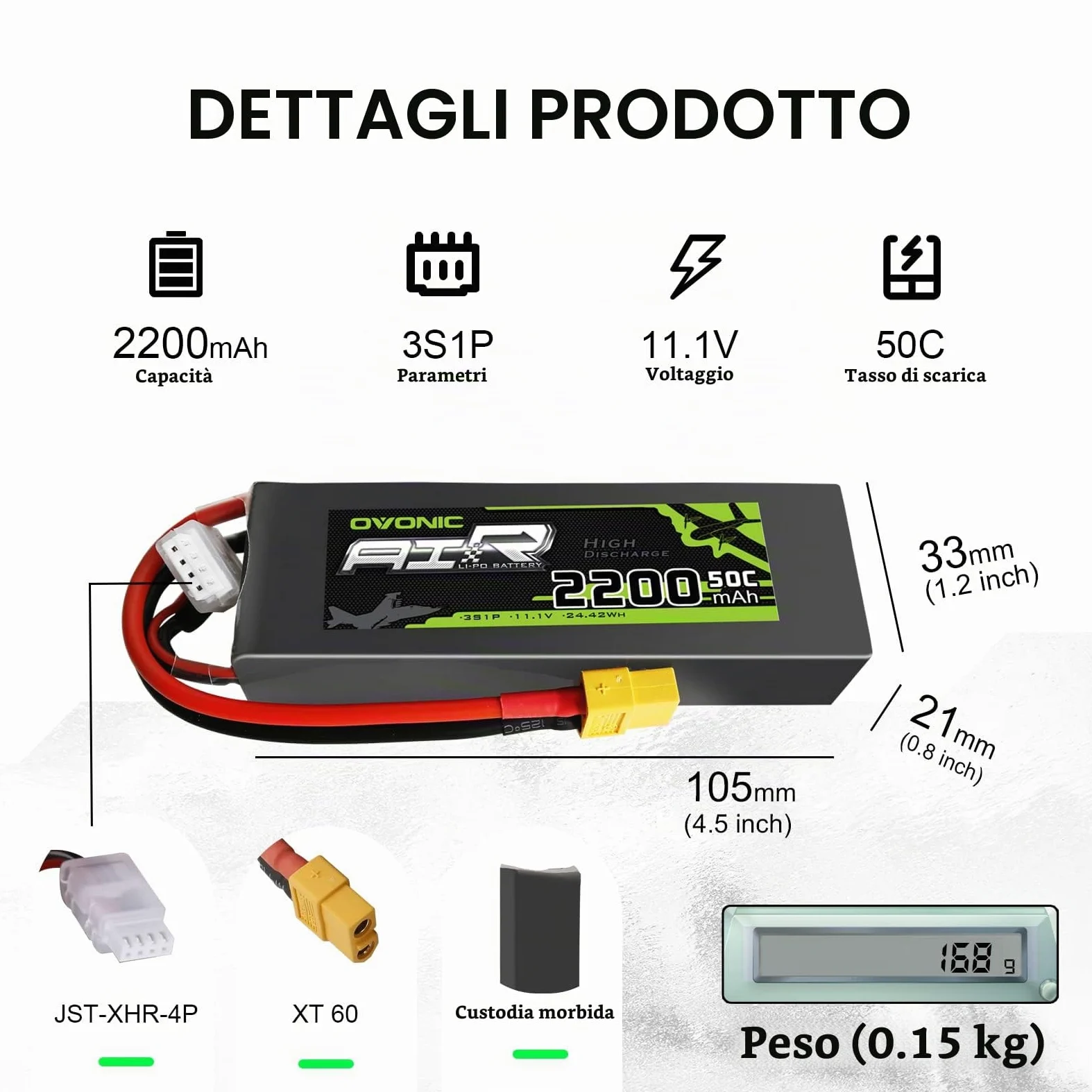 OVONIC 3s Lipo Batteria 11.1V 2200mAh 50C con XT60 per RC Evader BX Auto RC Truck RC Truggy RC Airplane UAV Drone FPV（2pcs）