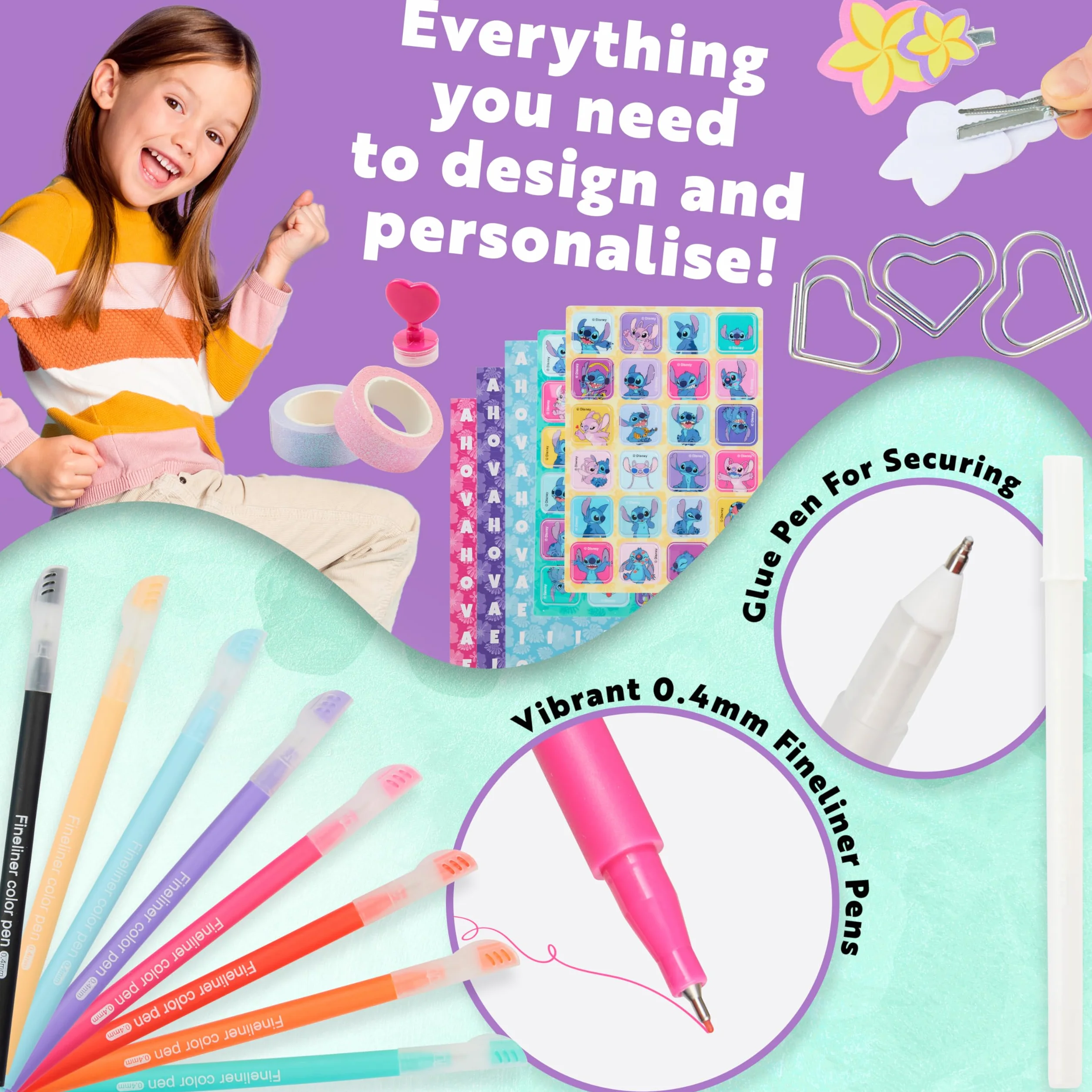 Disney Stitch DIY Kit Taccuino Bambini Adolescenti Quaderno Spirale A5 Disegno Stickers Note Adesive Portachiavi Penne Colorate, Idea Regalo