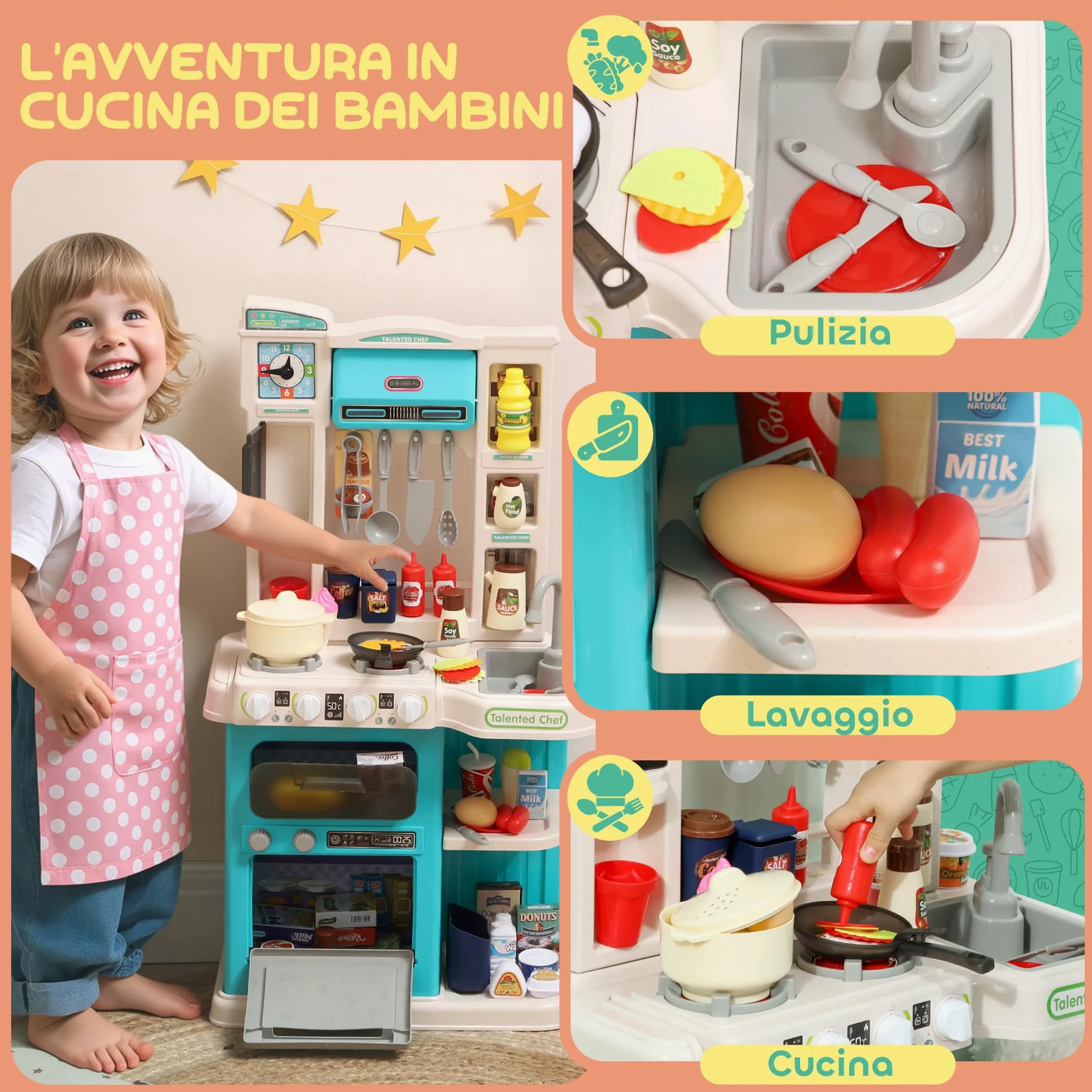 AIYAPLAY Cucina Giocattolo per Bambini 3-6 Anni, 44.5x24x79 cm Verde | 92 Accessori, Suoni Realistici, Gioco per Bambini, in PP, PE e ABS