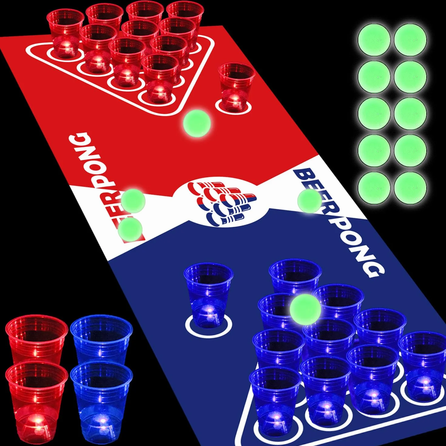 Set di tovagliette da tavolo Glow Beer Pong da 180,3 x 58,4 cm, set portatile per giochi di festa, 22 tazze luminose (rosso e blu), 6 pong luminosi che si illuminano al buio
