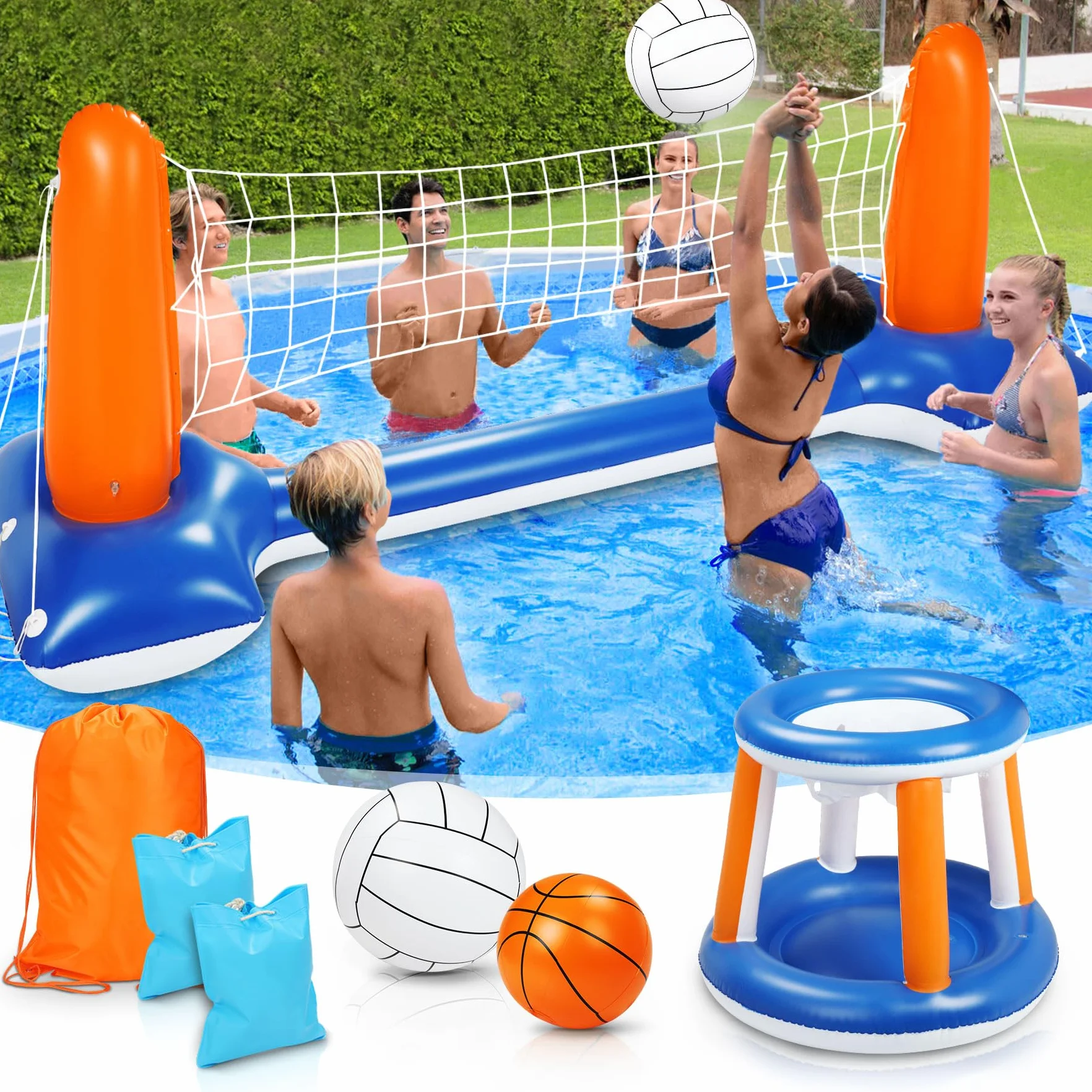 Subtail Set Volley e Pallacanestro Galleggiante, 115” per Piscina Gonfiabile Include Canestro e Rete Gioco Pallavolo Bambini Adulti (115” x 38” x 28”)
