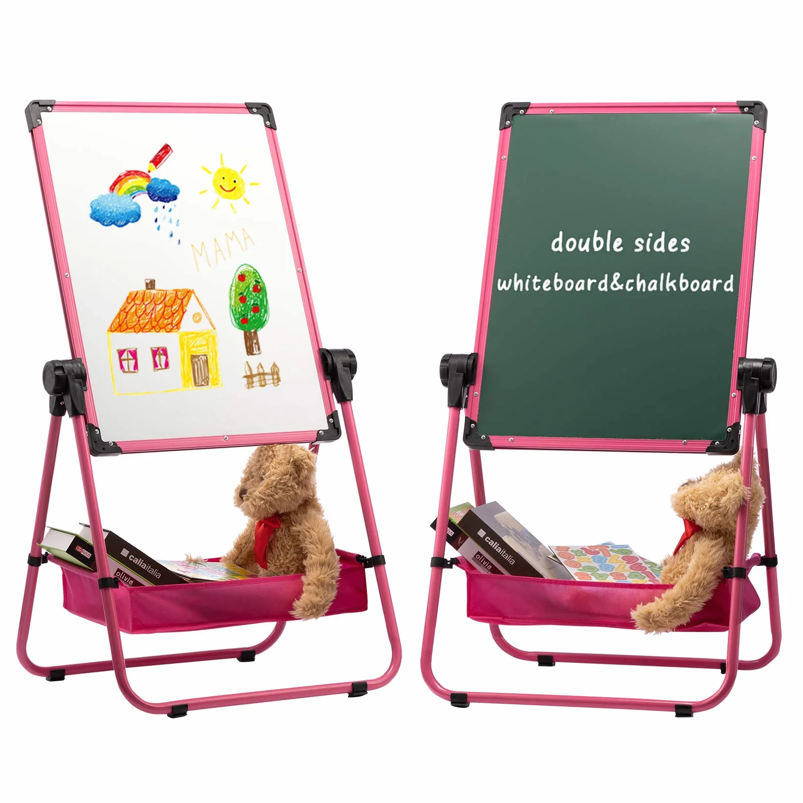 DOEWORKS Lavagna Bambini Cavalletto con U-Supporto, Lavagnas Magnetica per Bambini, Doppio Lato Lavagna Bianca e Nero, Altezza Regolabile & Rotazione a 360°, Rosa