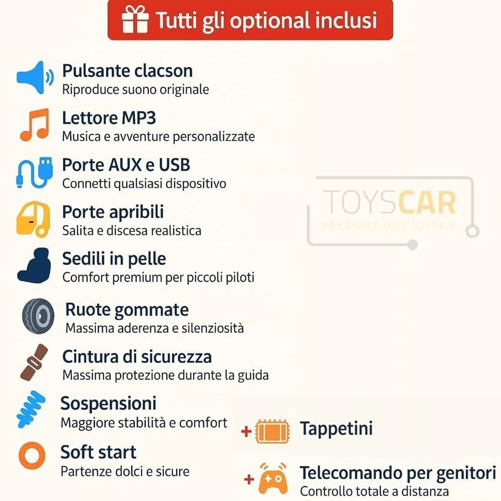 TOYSCAR Macchina Elettrica Per Bambini Fuoristrada Adventure Full Optional TAPPETINI e RUOTE IN GOMMA Auto Elettrica Per Bambini Telecomandata Sedile In Pelle Porte Apribili Doppio Motore12V