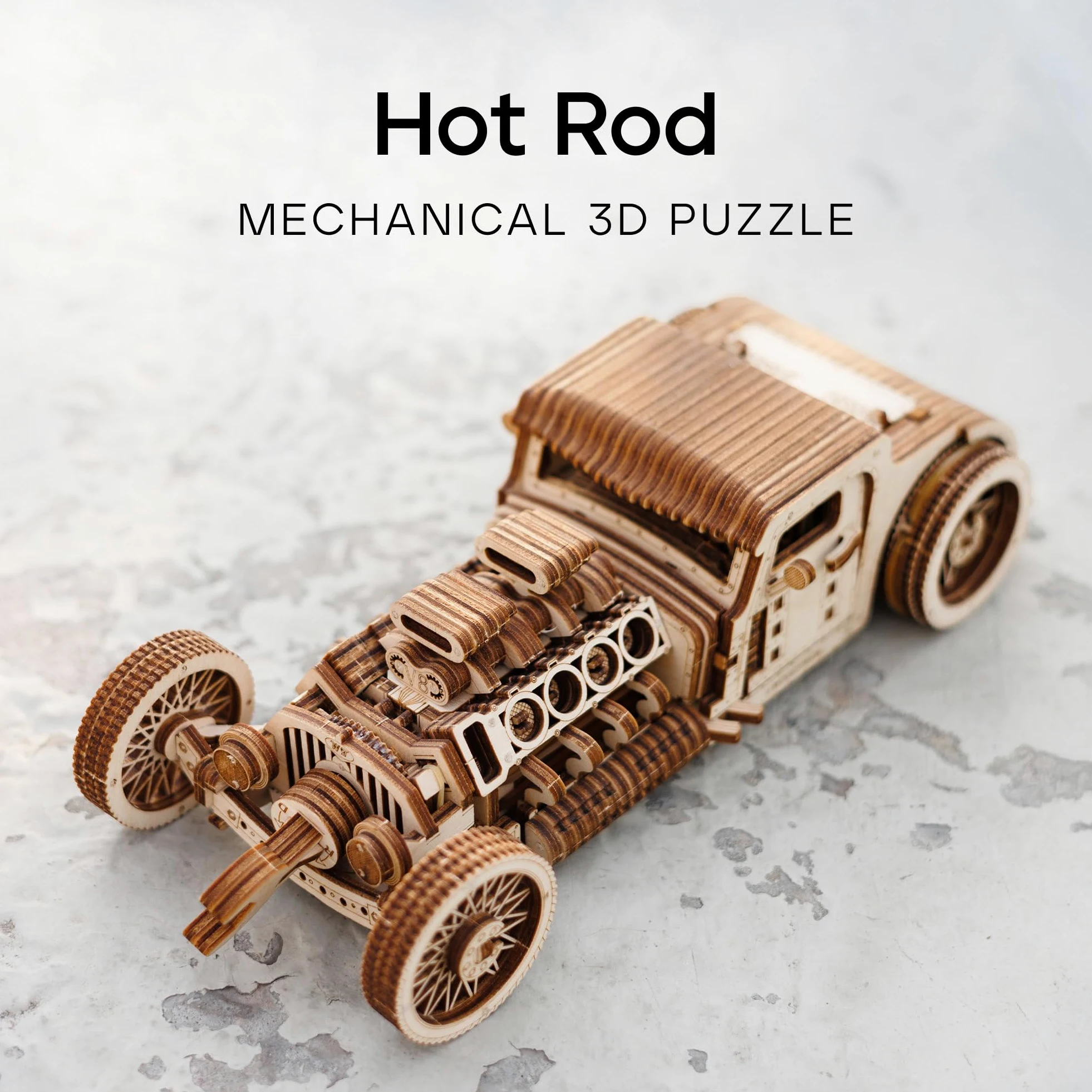 Wood Trick Hot Rod Car Puzzle 3D di Legno per Adulti da Costruire | [280 Pezzi] Rotola Fino a 9,8 m - Design Vintage Dettagliato - Kit di Montaggio Meccanico in Legno DIY per Adulti