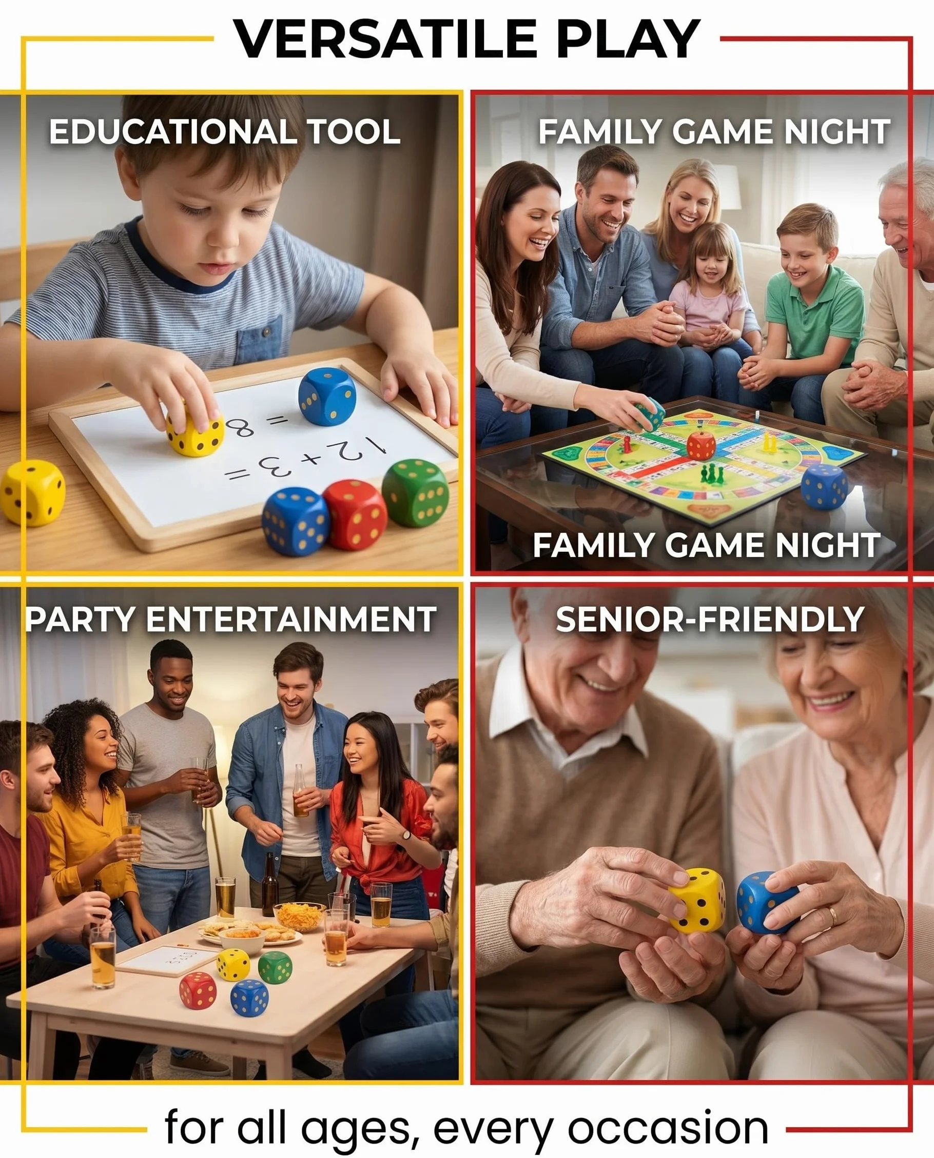 4 Pezzi Grandi Dadi da Gioco 30mm Colorati Naturali per Bambini, Anziani, Giochi da Tavolo, Casa, Feste, Giochi di Dadi, Matematica