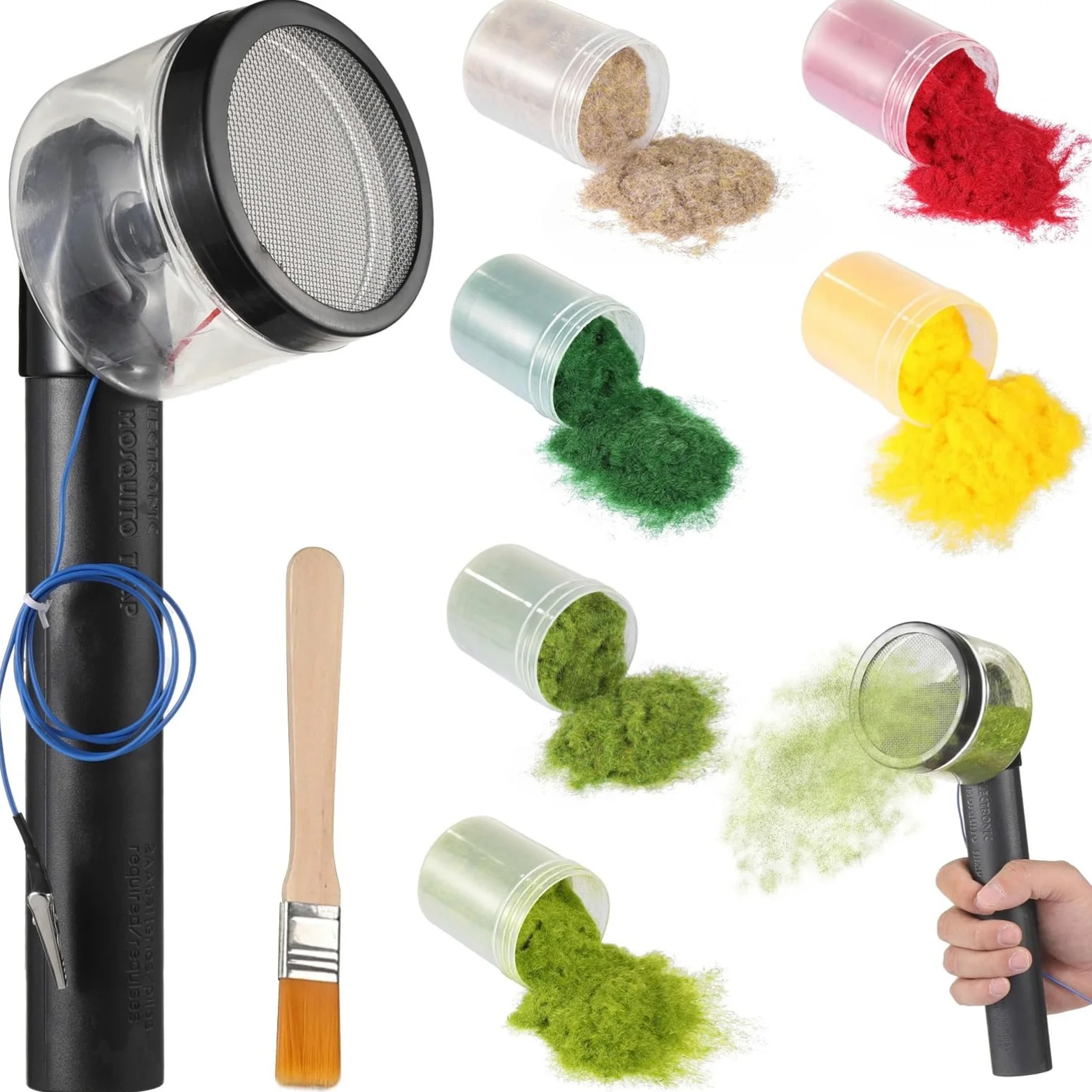 PONDON Kit per l'applicazione di erba statica, 8 pezzi, con 6 colori di erba, in miniatura, paesaggi in miniatura, con spazzola, alimentazione a batteria