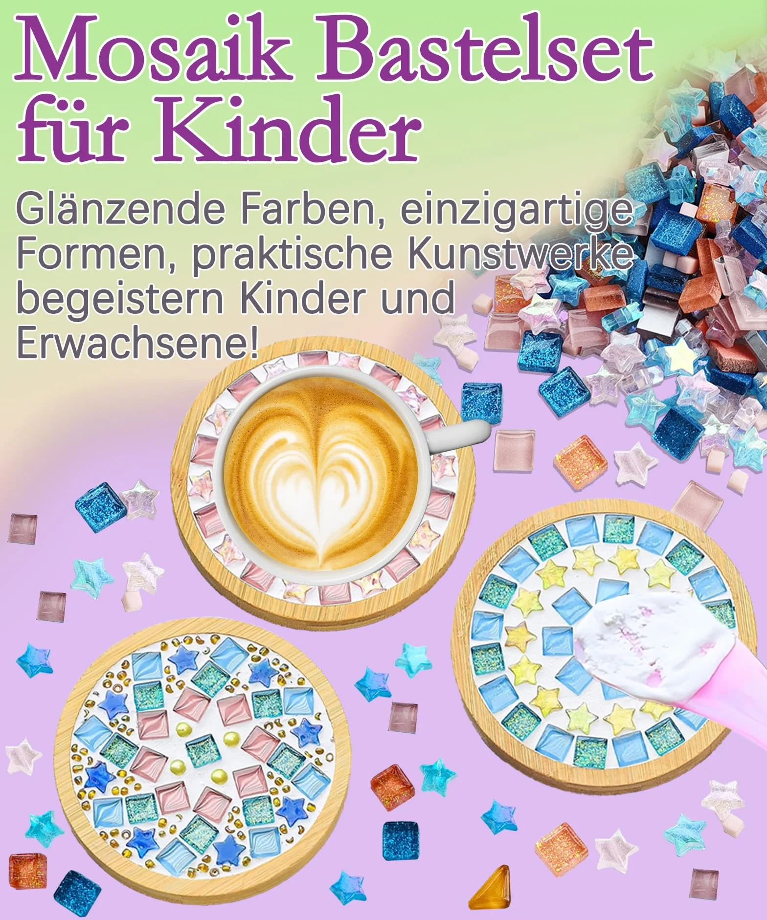 Finsink Set di 8 sottobicchieri a mosaico per bambini, set fai da te,di sottobicchieri in legno, set di pietre a mosaico per il fai da te, regalo di compleanno per bambini adulti