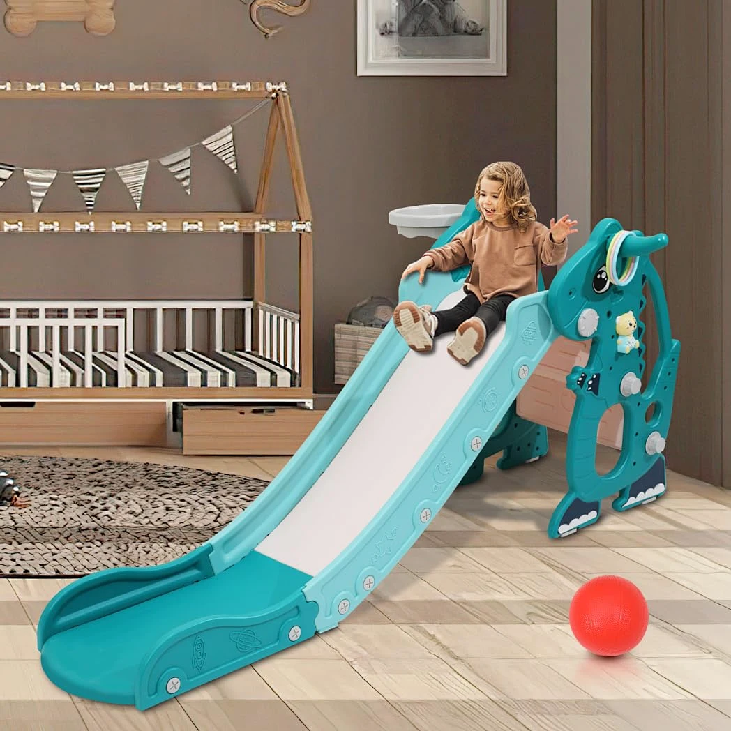 Scivolo per bambini 4 in 1 – con Cestino da basket & Giochi educativi, Scivolo pieghevole per interni ed esterni, da 1 a 3 anni, Verde