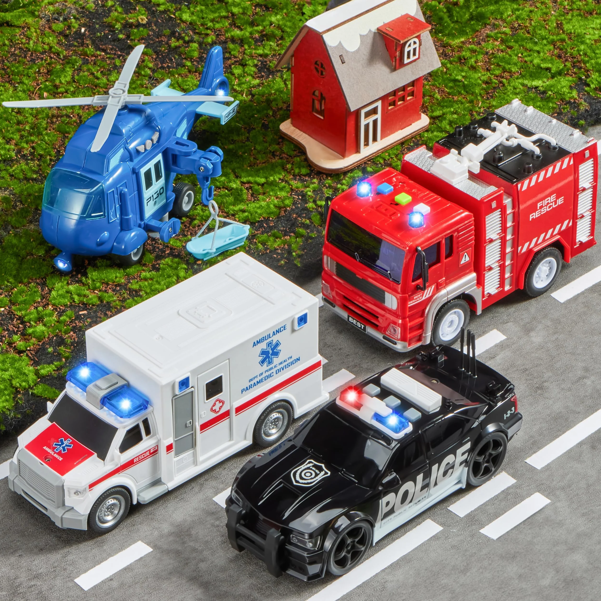 JOYIN Set di 4 set di gioco City Hero alimentati da Attrito, comprendente un camion dei pompieri, un'ambulanza, un'auto della polizia e un elicottero di soccorso