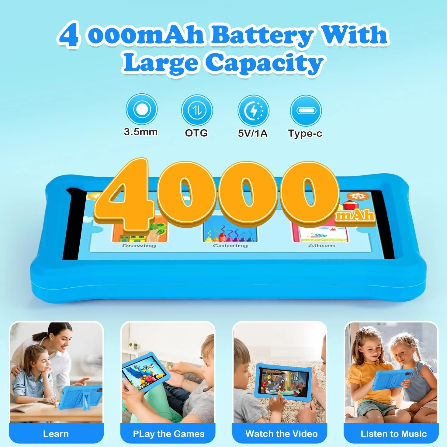 Tablet bambini 7 pollici Android 13, 8GB RAM+64GB ROM(128 GB Espandibile), Controllo Parentale, Display IPS, Doppia fotocamera, WiFi, App Pre-installed, Tablet Educativo con Custodia (Blu)