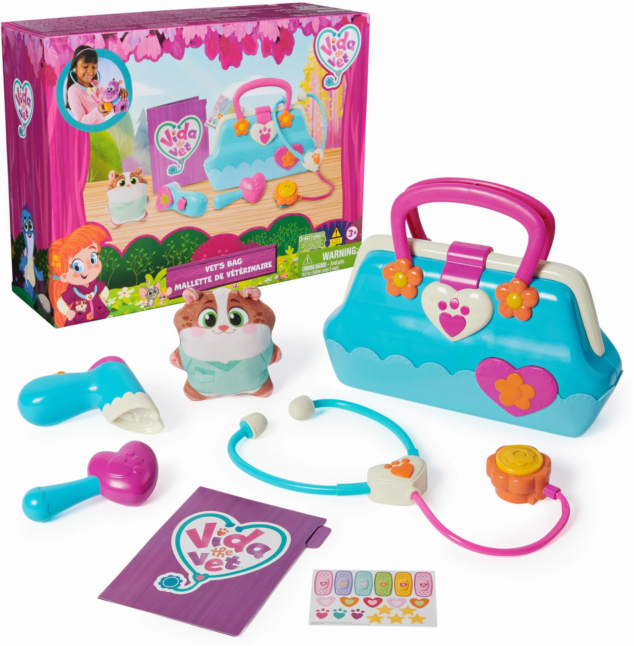 Vida The Vet, Borsa veterinaria con 5 Accessori per veterinari, 1 Giocattolo di Peluche per Popcorn e Adesivi, per Giochi in Costume, Giocattoli per Bambini per Ragazze e Ragazzi dai 3 Anni in su