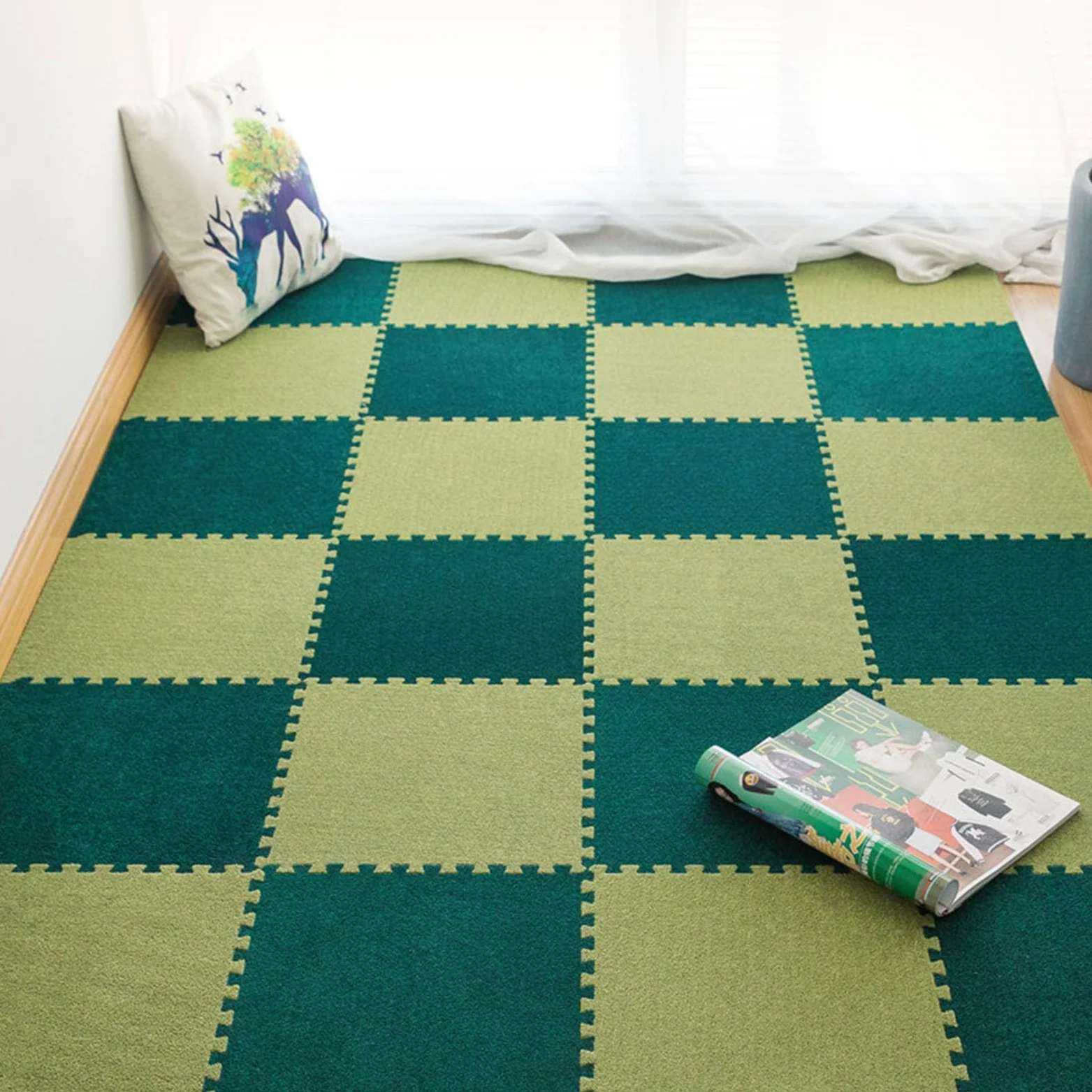 Tappeto ad Incastro Splice, Tappeto ad Incastro Quadrato a Pelo Corto, 12 Pezzi, Tappeto in Schiuma a Puzzle, Tappeto a Puzzle, Tappeto in Schiuma tagliabile,Dark Green+Grass Green