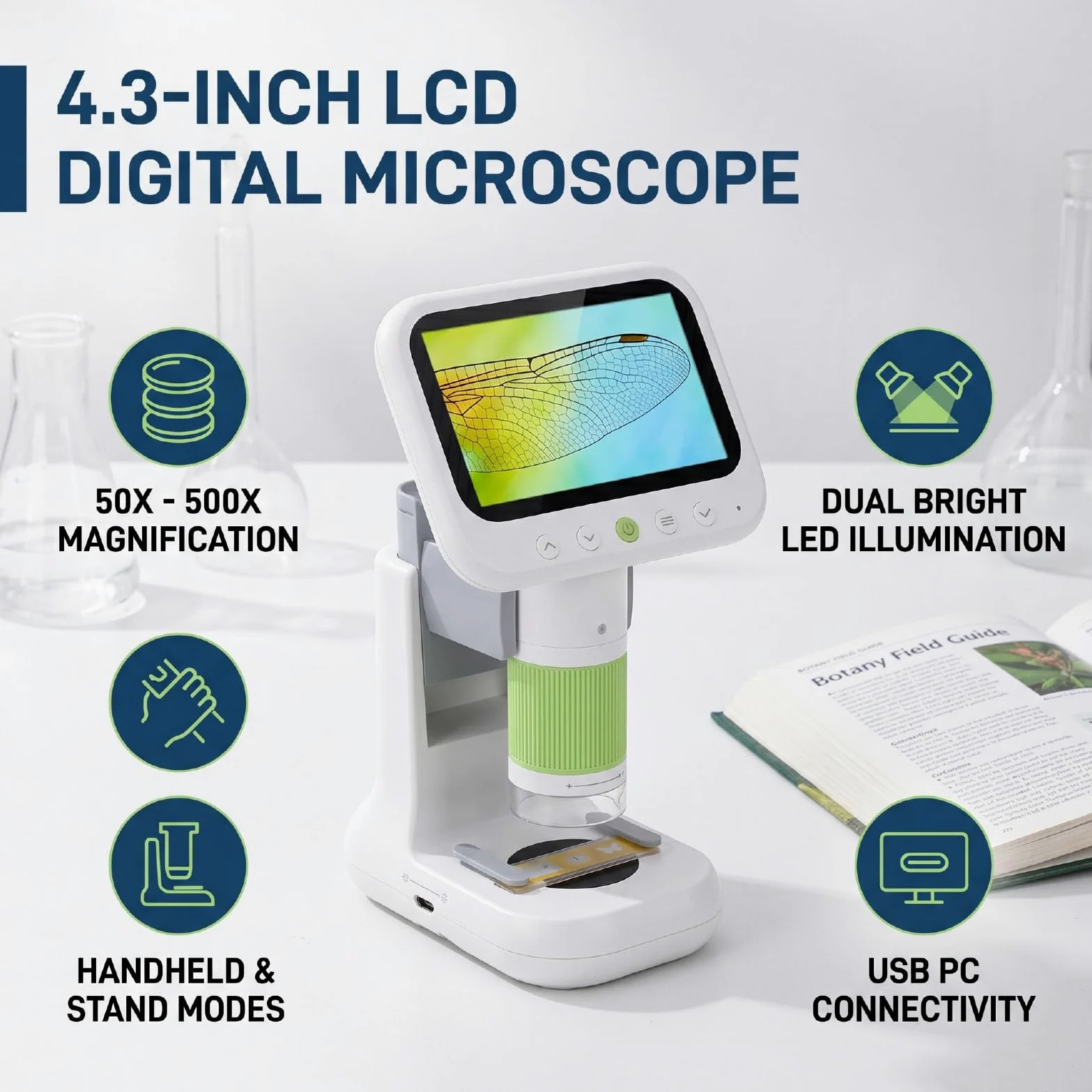 Tangxi Microscopio Digitale 2 in 1 Schermo IPS 1080P 4.3 Zoom da 50X a 500X con Scheda da 8 GB Doppie Luci a LED 5 Diapositive per L'esplorazione Scientifica dei Bambini