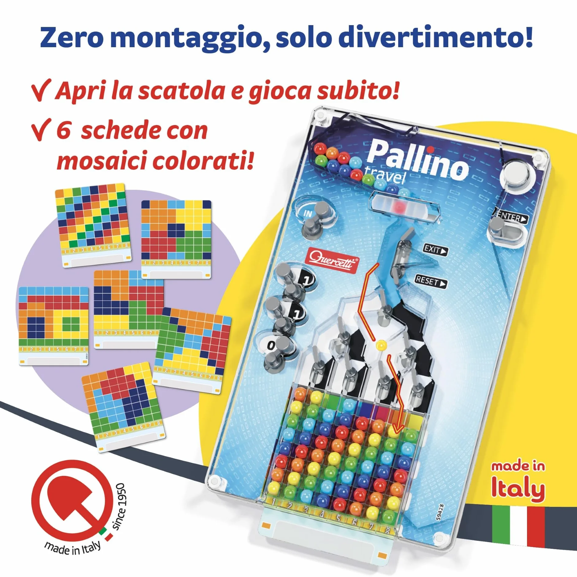 Quercetti Pallino Travel, Giochi Bambini 4 Anni Fino agli 8, Gioco di Strategia con Palline Colorate per Bambini, Schede e Mosaico, Giochi Educativi 4 Anni, Made in Italy