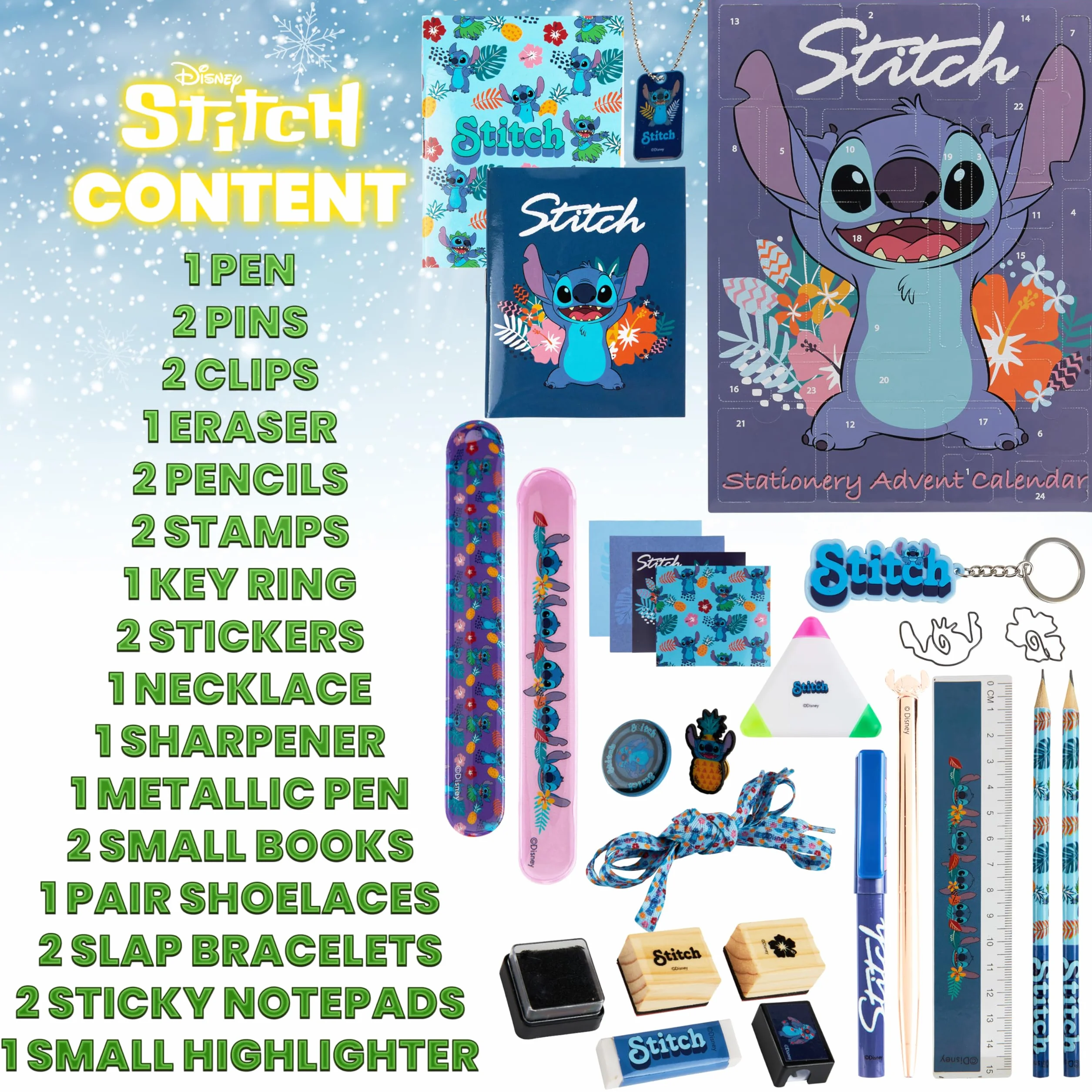 Disney Stitch Calendario Avvento 2025 Cancelleria e Accessori Countdown Natale Calendari Avvento 24 Sorprese Collana Portachiavi Penna Braccialetti (Blu Stitch Cancelleria)