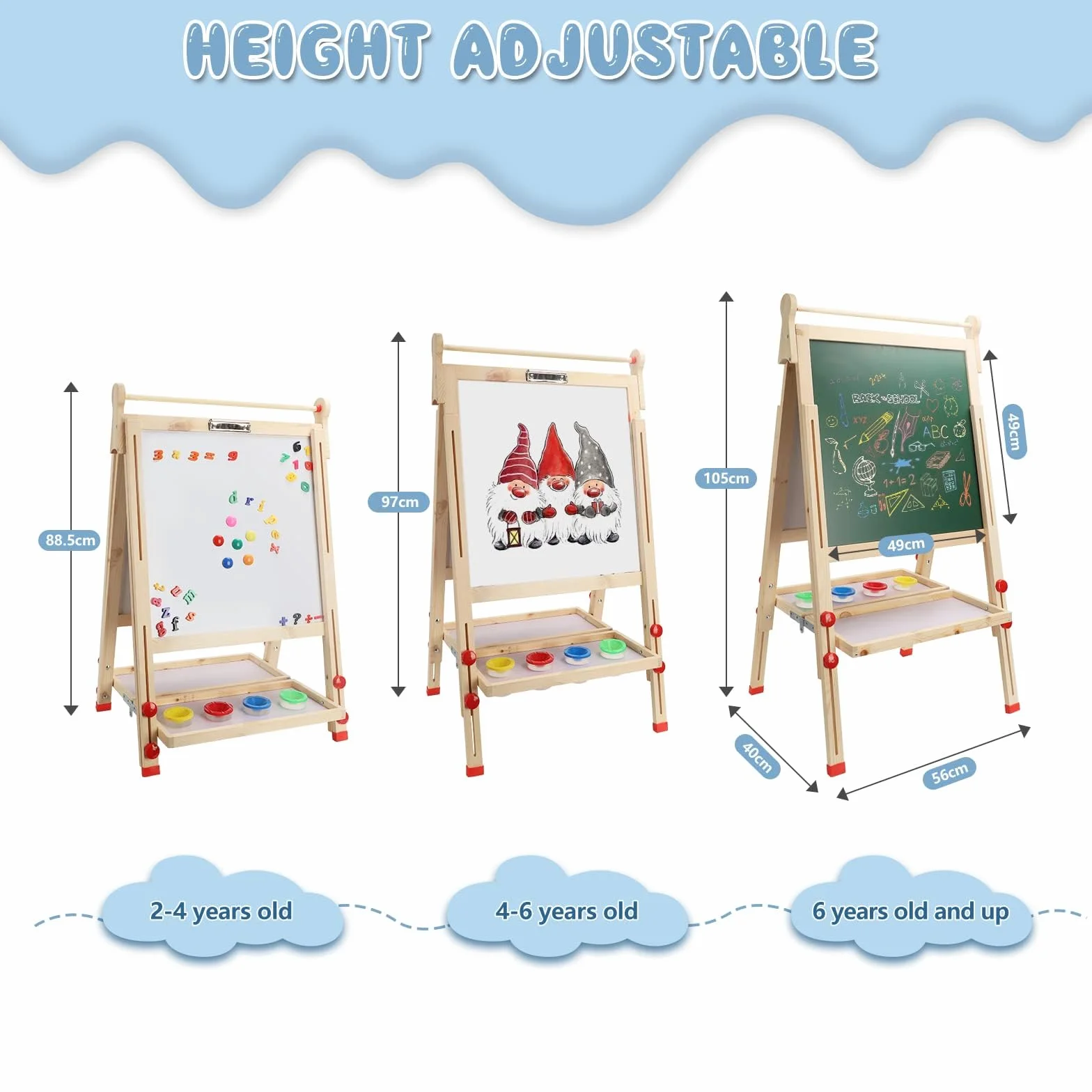 Dripex Bambini con Cavalletto pieghevole in Legno Regolabile in Altezza, Lavagna a Doppia Faccia con 26 Accessori per la pitturaper(49x49x88-105cm)