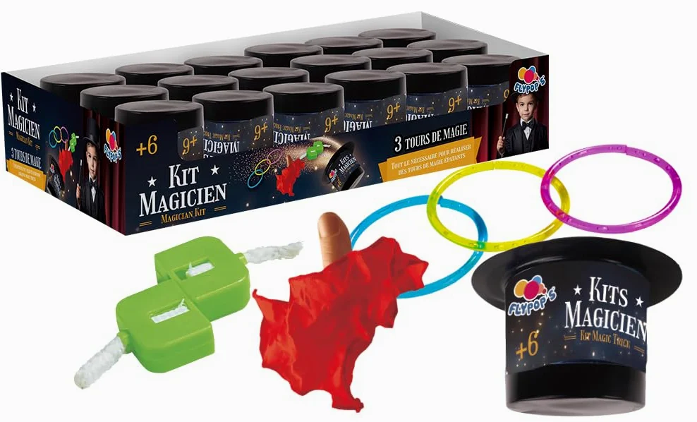 FLYPOP'S - Pacco da 12 Kit di 3 Trucchi Magici - Piccolo Mago - 141929PA - Nero - Plastica - Giocattolo per Bambini - Regalo - Illusione - Compleanno - Principiante - Spettacolo - A partire dai 6 anni