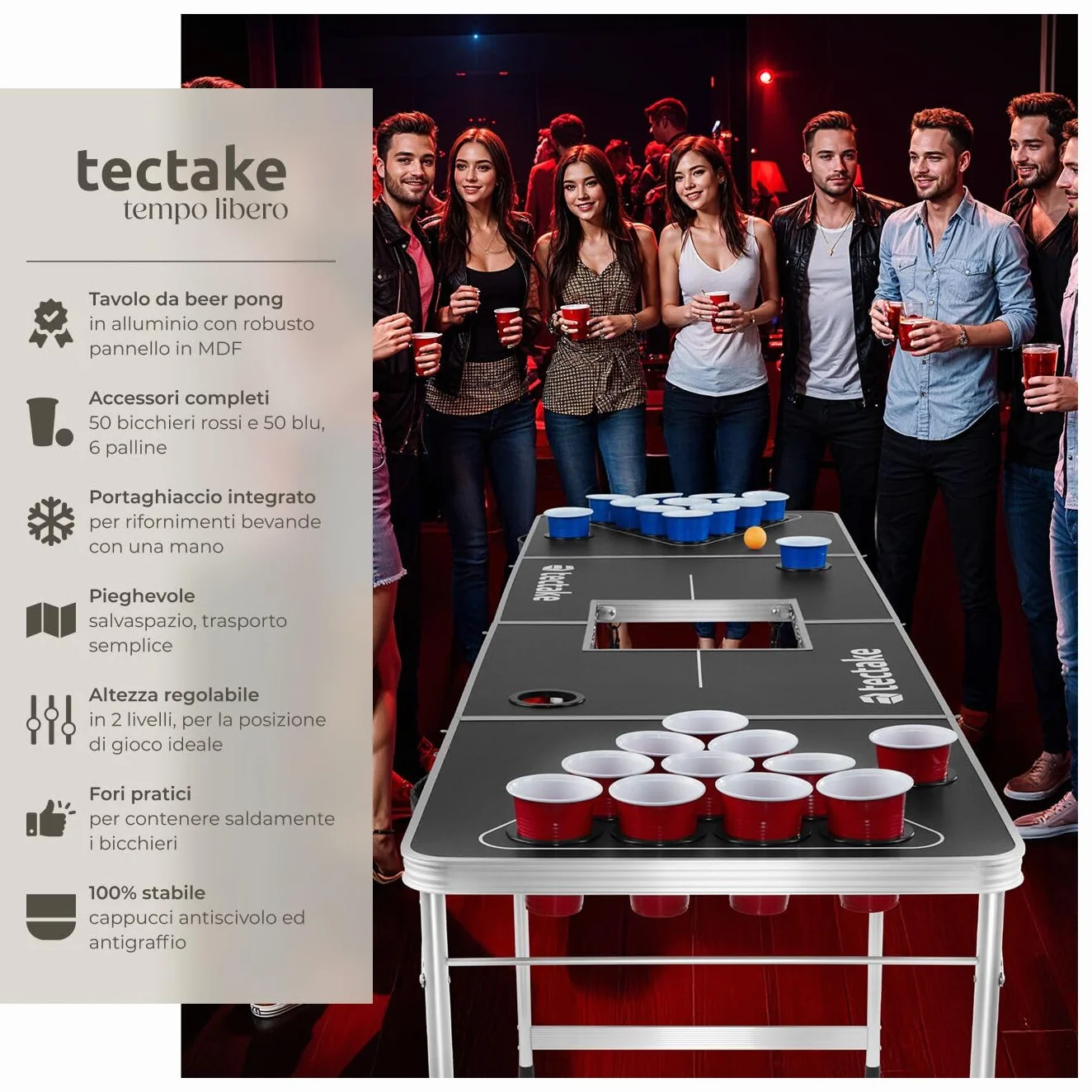 tectake® Tavolo da Beer Pong, Pieghevole con Maniglia, Kit Completo Bicchieri Multicolor e Palline, Beer Pong Set, Struttura in Alluminio, Regali Divertenti, Giochi per Festa - 235 x 60 x 70 cm