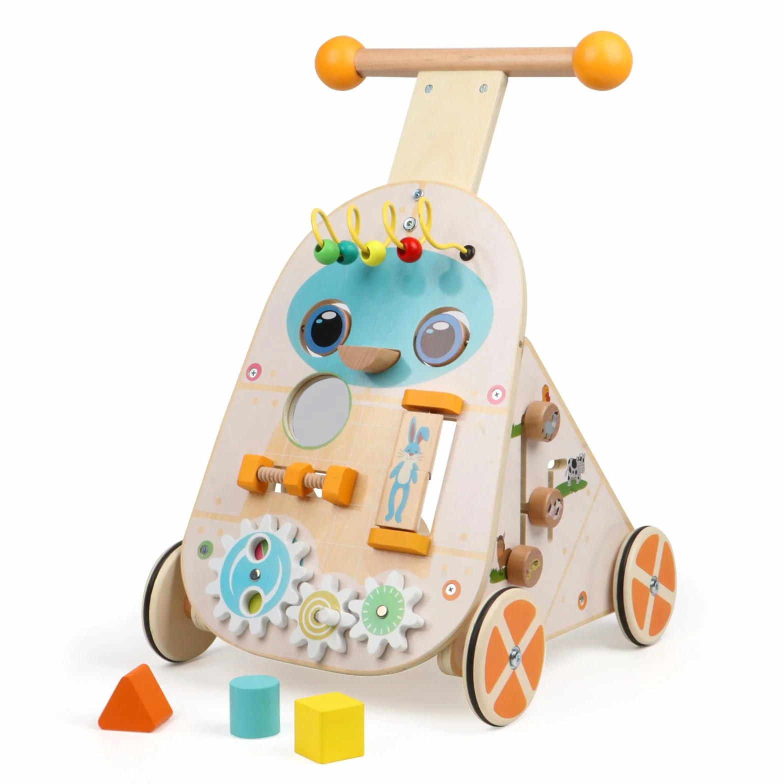 Jacootoys Passeggino di legno per attività, giocattolo per bambini a spinta a velocità regolabile, passeggino di legno da spingere e tirare per bambini, bambine e ragazze di 1, 2 e 3 anni.