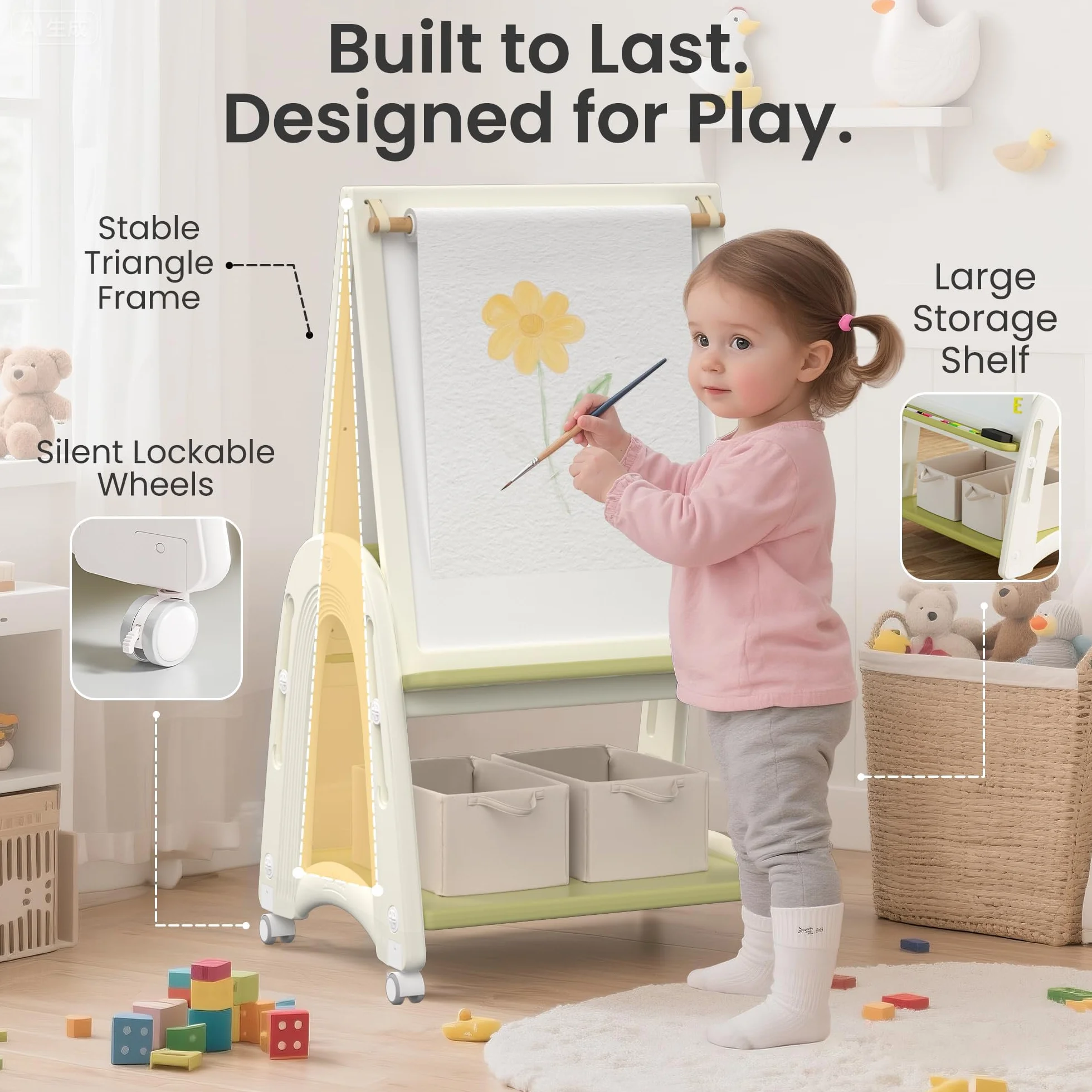 Cavalletto Artistico 3-in-1 per Bambini con Rotolo di Carta, Lavagna, Altezza Regolabile, Verde