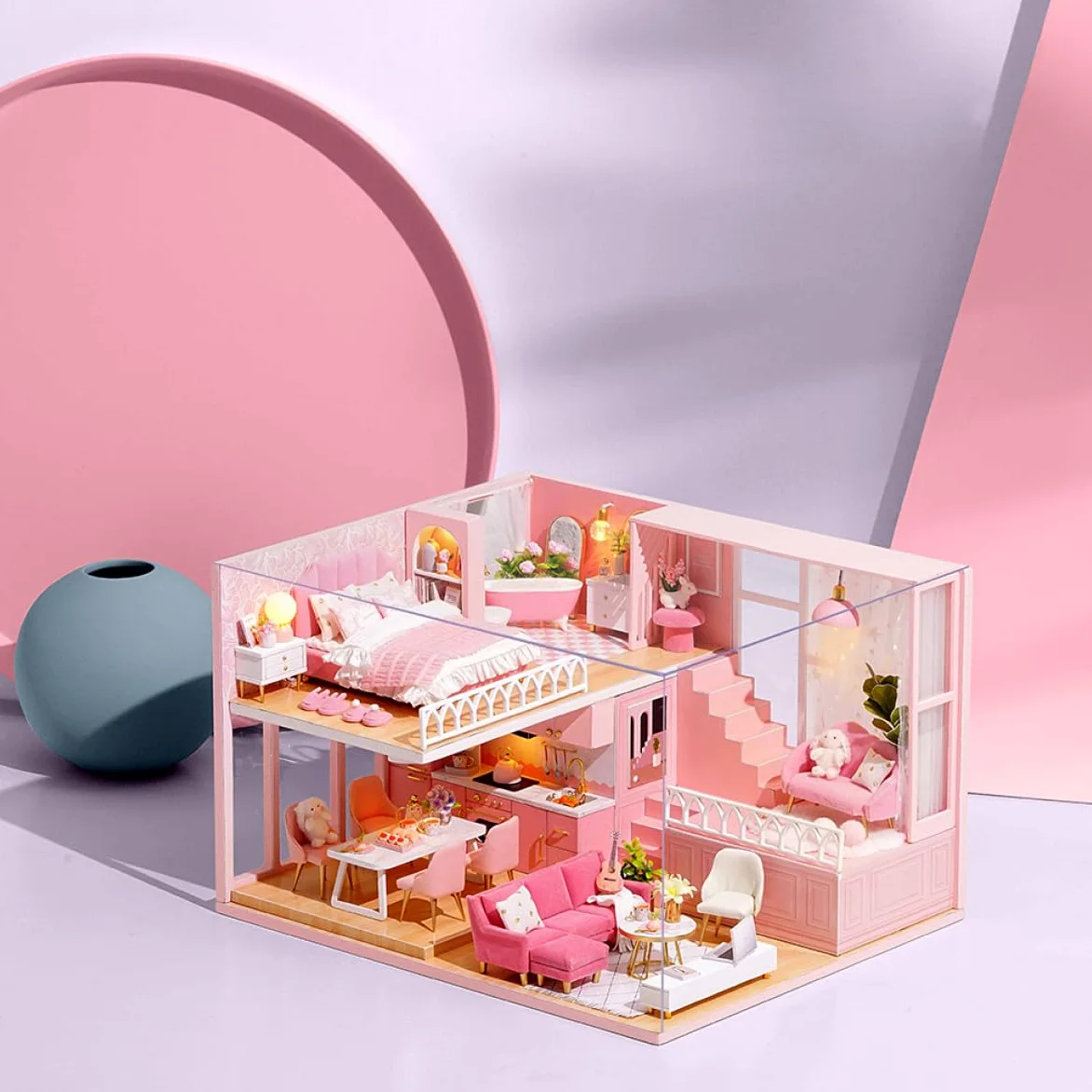 Casa delle Bambole Fai da Te in Legno e Carta Creativa per Ragazzo Ragazza | Gioco Immaginativo, Design Elegante, per Famiglia e Soggiorno, Costruzione Facile da Montare e Semplice