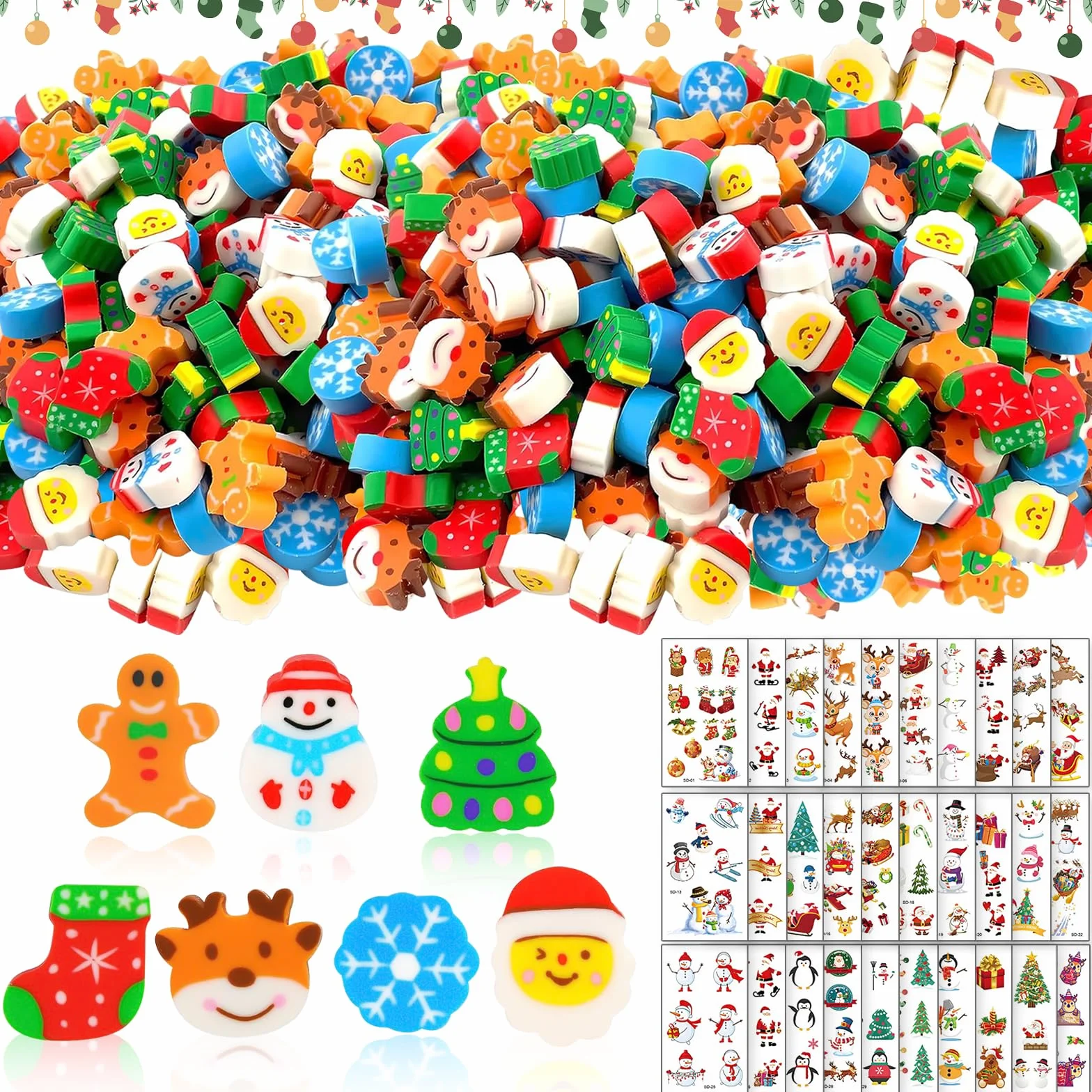 Shinybox 230 Pezzi Set di Gomme Natalizie per Bambini, 200 Mini Gomme da Cancellare Natalizie e 30 Adesivi per Tatuaggi Natalizi, Feste di Natale per Riempire la Calza Della Befana