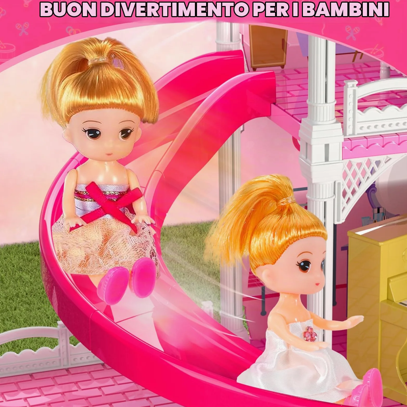 Doloowee Casa delle Bambole Grande con Scivolo per Bambine 3 4 5 Anni | Casa delle bambole a 4 piani e 10 stanze, di mobili e una ricca serie di accessori, regalo per bambine di 3, 4, 5 e 6 anni