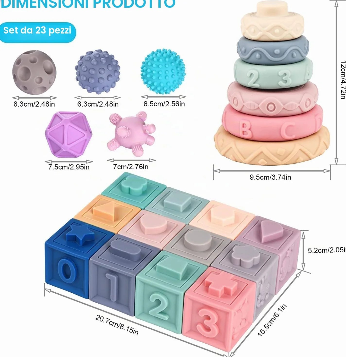 Giochi Neonato 6 Mesi, Giochi Montessori 1 Anno Sensoriale, Teether Giocattoli sensoriali Montessori educativi morbidi da impilare, Regali per Bambini da 6 9 12 Mesi