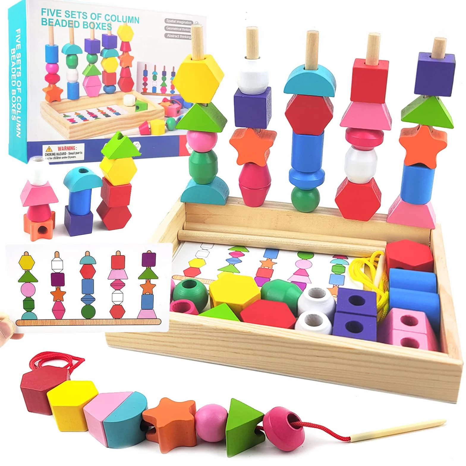Montessori Giocattolo 2-in-1, Giochi da Infilare in Legno Educativi per Bambini 2-5 Anni, Impilare, Ordinamento Colori e Forme, Regalo Montessori per Bambini 3 4 5 Anni