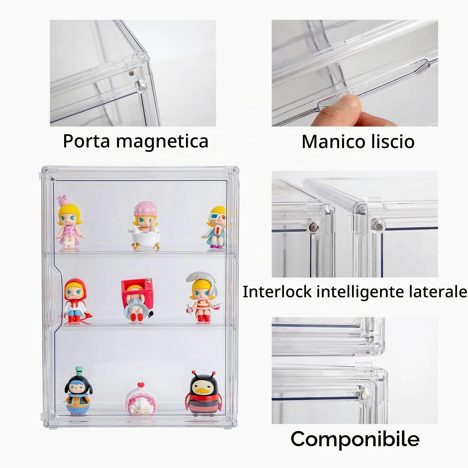 BOHOIDEE Vetrina trasparente a 3 livelli per figure, scatola organizer in acrilico con porta magnetica, vetrina antipolvere a parete per action figure da collezione