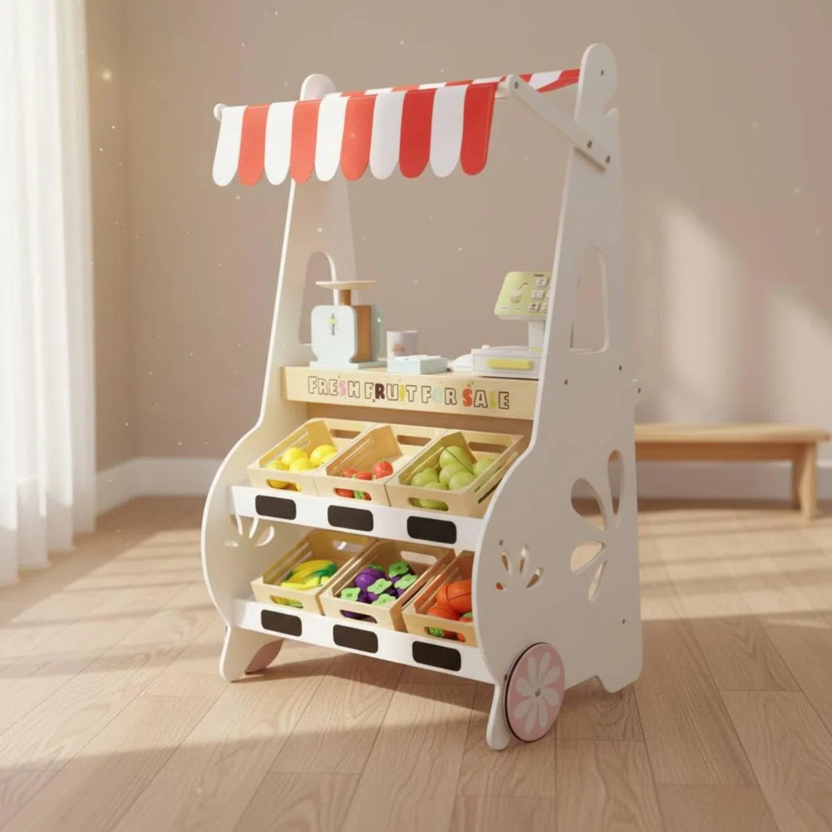 Children Play Store Banchetto Negozio Frutta Bambini Banco Mercato Chiosco Legno con Ruote E Cassetto Ghiaccio Area Cassa E Accessori Inclusi Adatto