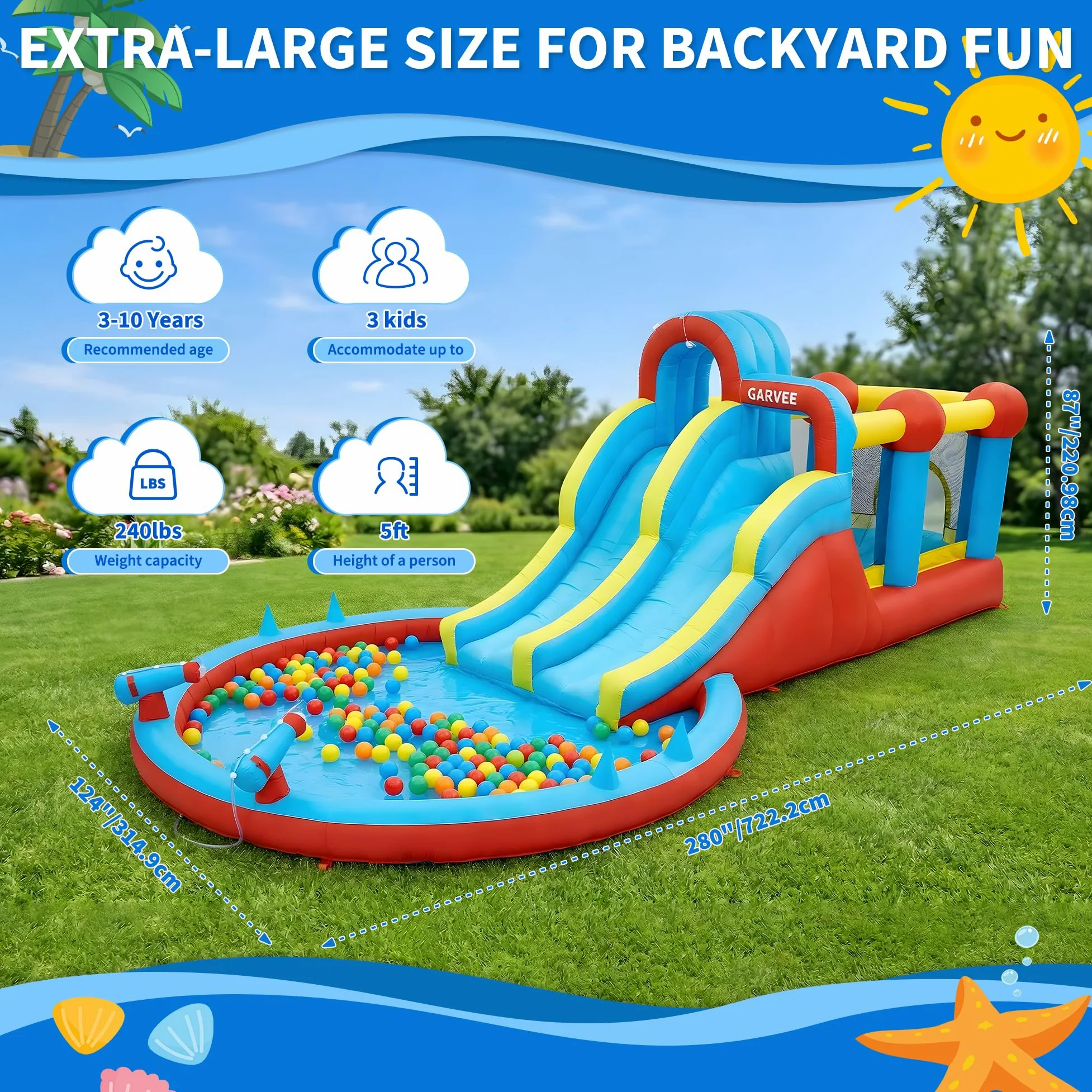 Castello Gonfiabile XXL 8-in-1 per Bambini – Doppio Scivolo d’Acqua, Piscina Grandezza, Arrampicata, Cannoni e Giochi ad Anello, Blower 550W, Oxford Resistente, Interni/Esterni – 26001