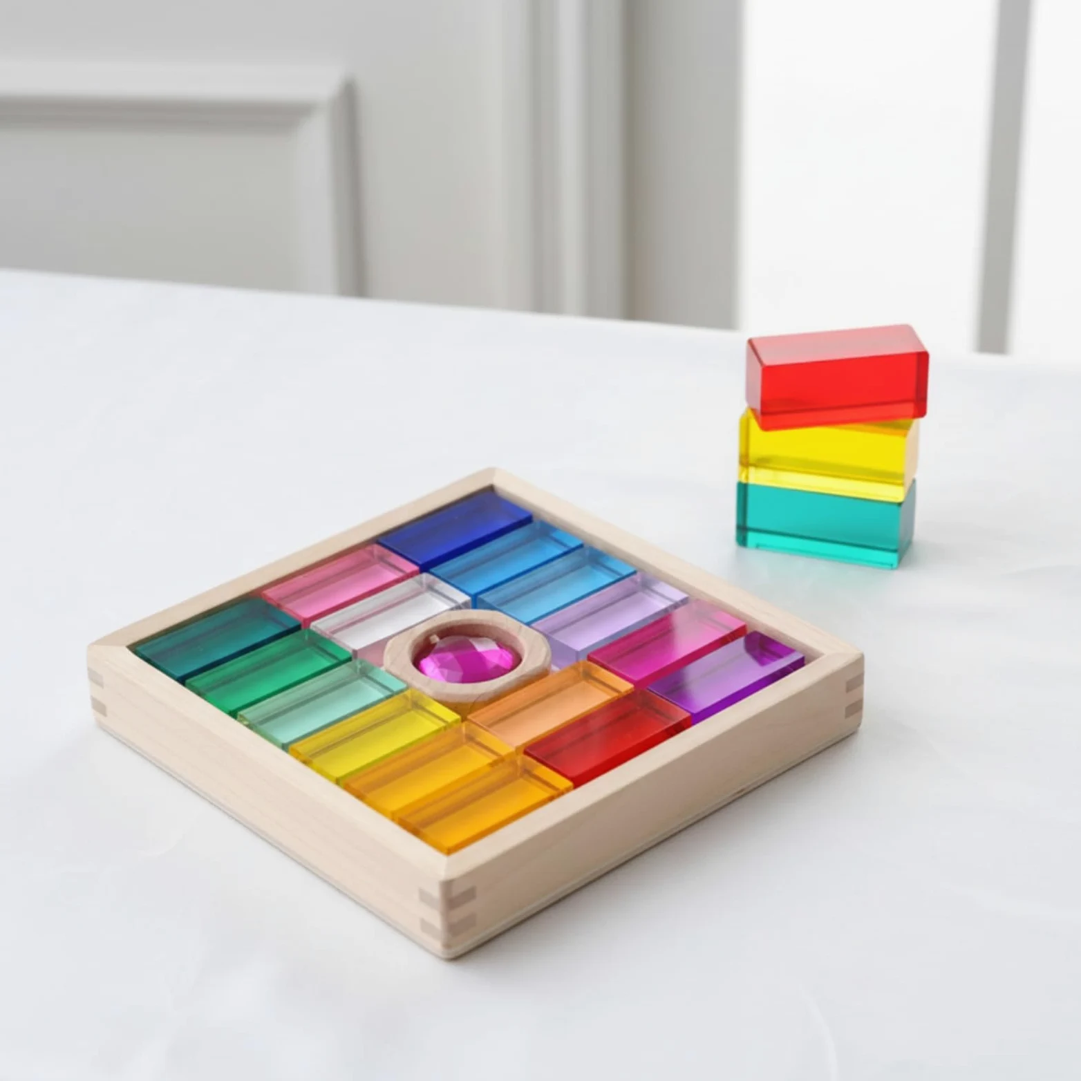 Blocchi da Costruzione per Bambini Set Legno E Acrilico Gioco Impilabile con Telaio in Faggio Pezzi Translucidi Effetto Cristallo Esplorazione di