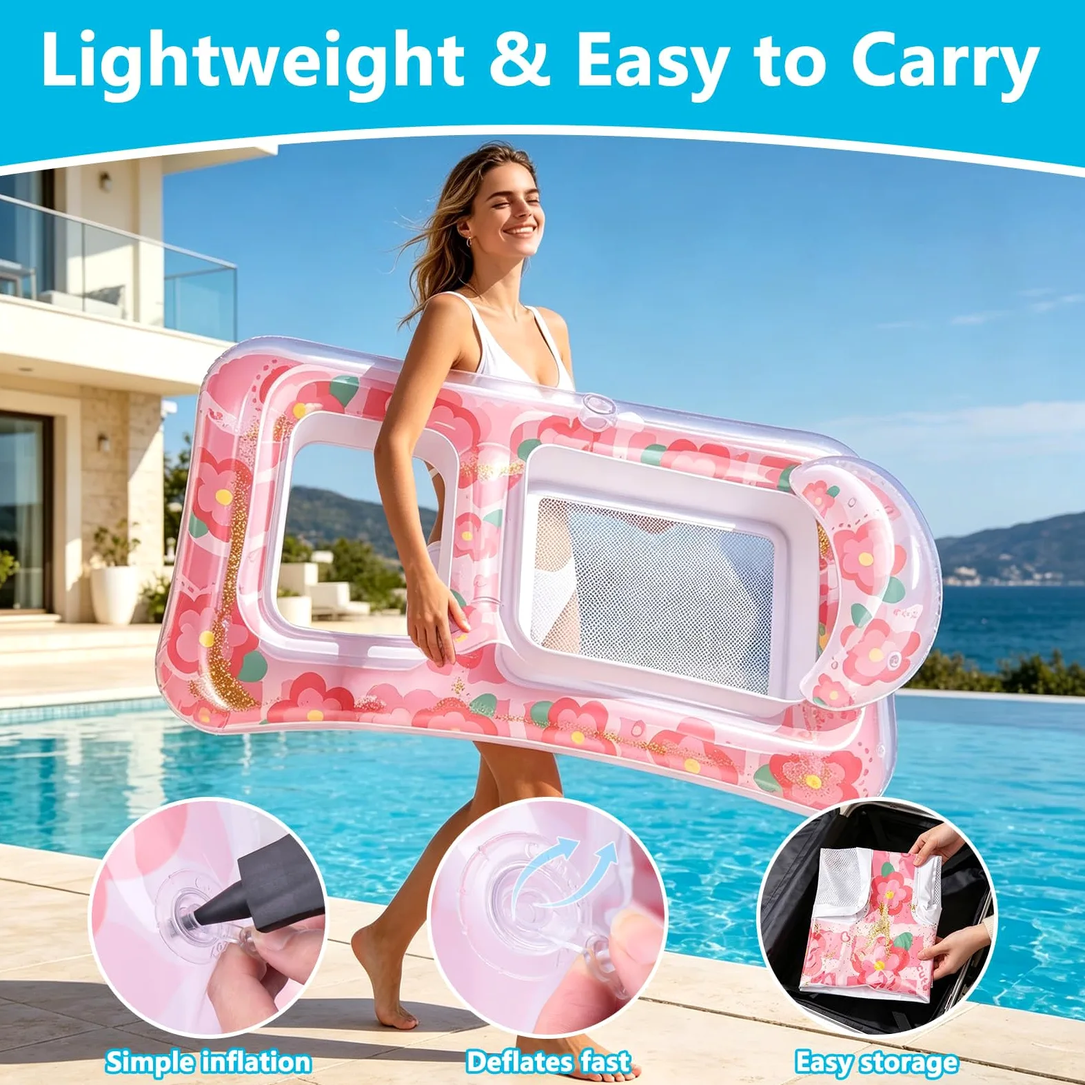 Materassino Mare in PVC Galleggiante Gonfiabile Piscina con Parasole Disponibile in Una varietà di Colori con Schienale e portabicchiere Accessori Piscina per Piscina e Spiaggia