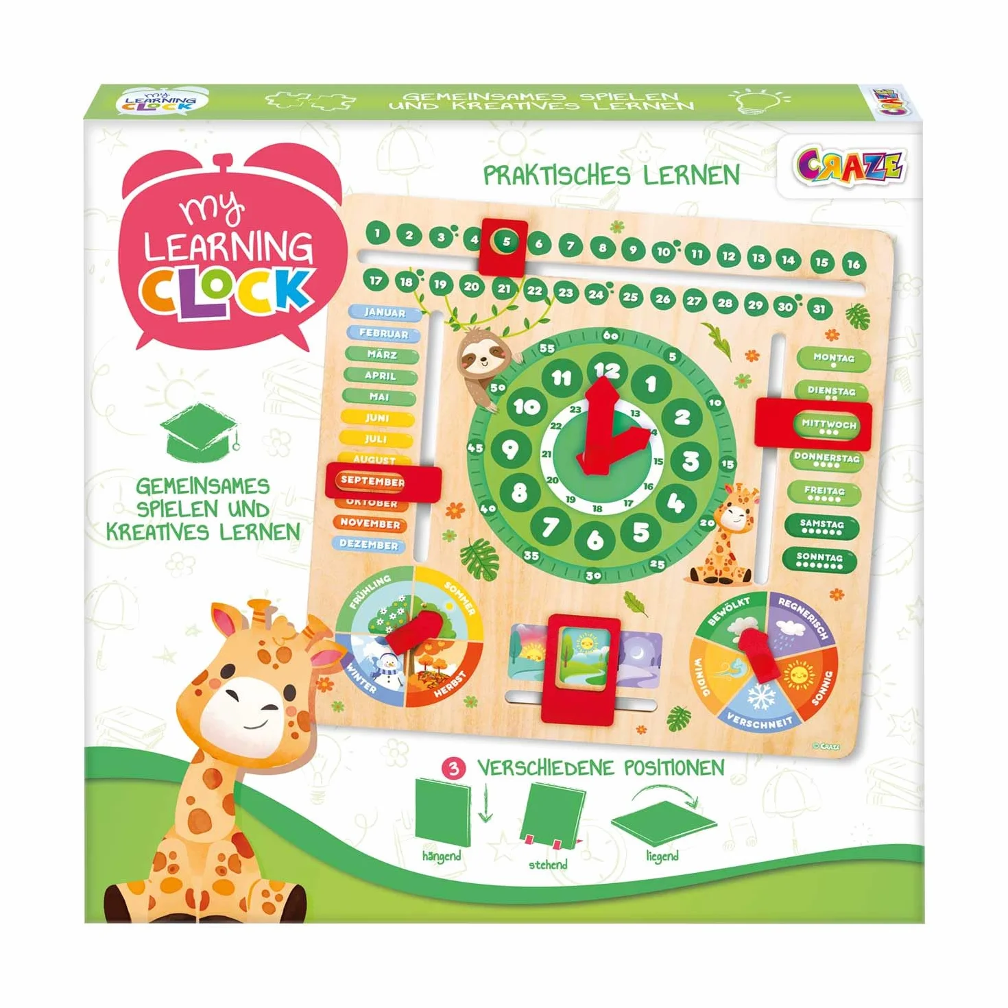 Craze My Learning Clock Animals - Orologio educativo per Bambini in Legno, Calendario per l'apprendimento dei Bambini, da Parete, Colore: Verde