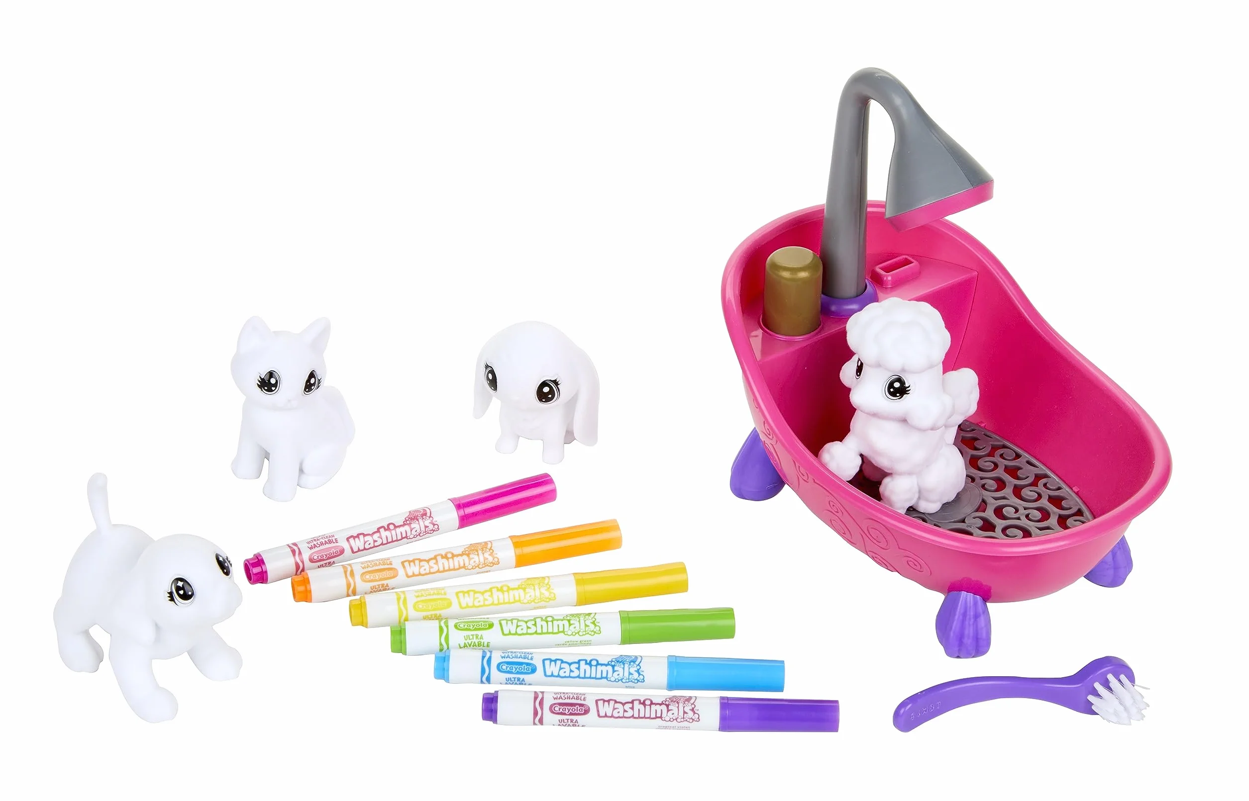 CRAYOLA Washimals Cuccioli vellutati da colorare 4 animali 6 pennarelli Vasca da bagno rosa spazzolina 3+ Anni