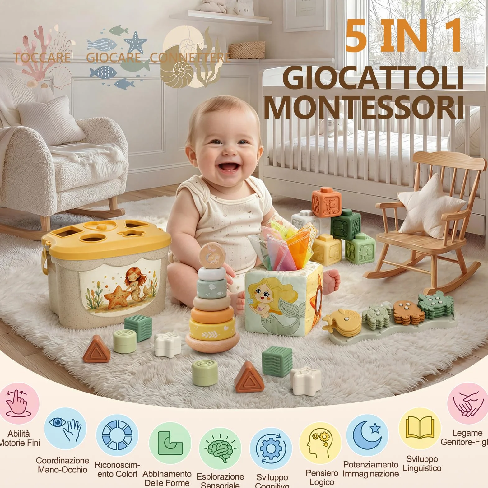 Anook Giochi Montessori 6 Mesi, 5 in 1 Giochi 6 8 10 Mesi Include Giochi Bambini Formine, Costruzioni Bambini 6 Mesi, Scatola di Fazzoletti, Giochi Sensoriali Neonato per Regalo Bimba Bimbo 6-24 Mesi