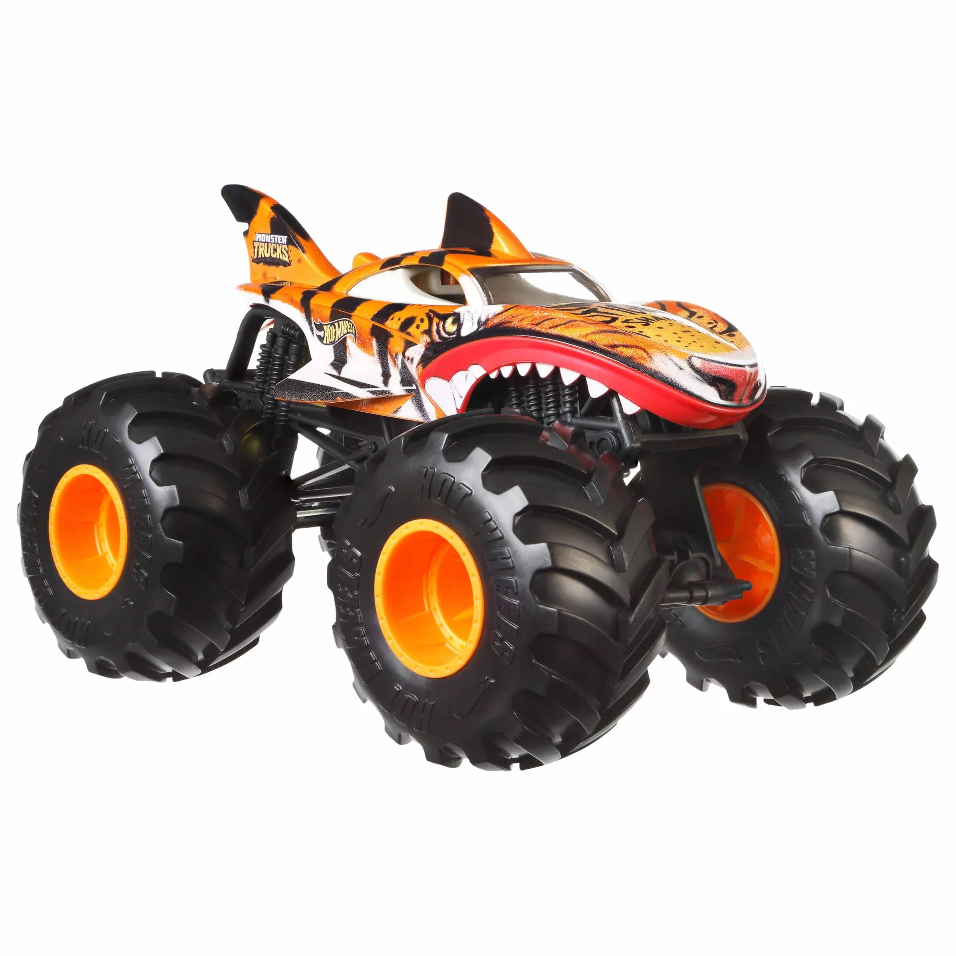 Hot Wheels Monster Trucks - Tiger Shark Oversize, Veicolo in Scala 1:24 con Ruote giganti e carrozzeria in Metallo, Perfetto per Le acrobazie, Giocattolo per Bambini, 3+ Anni, JDR02