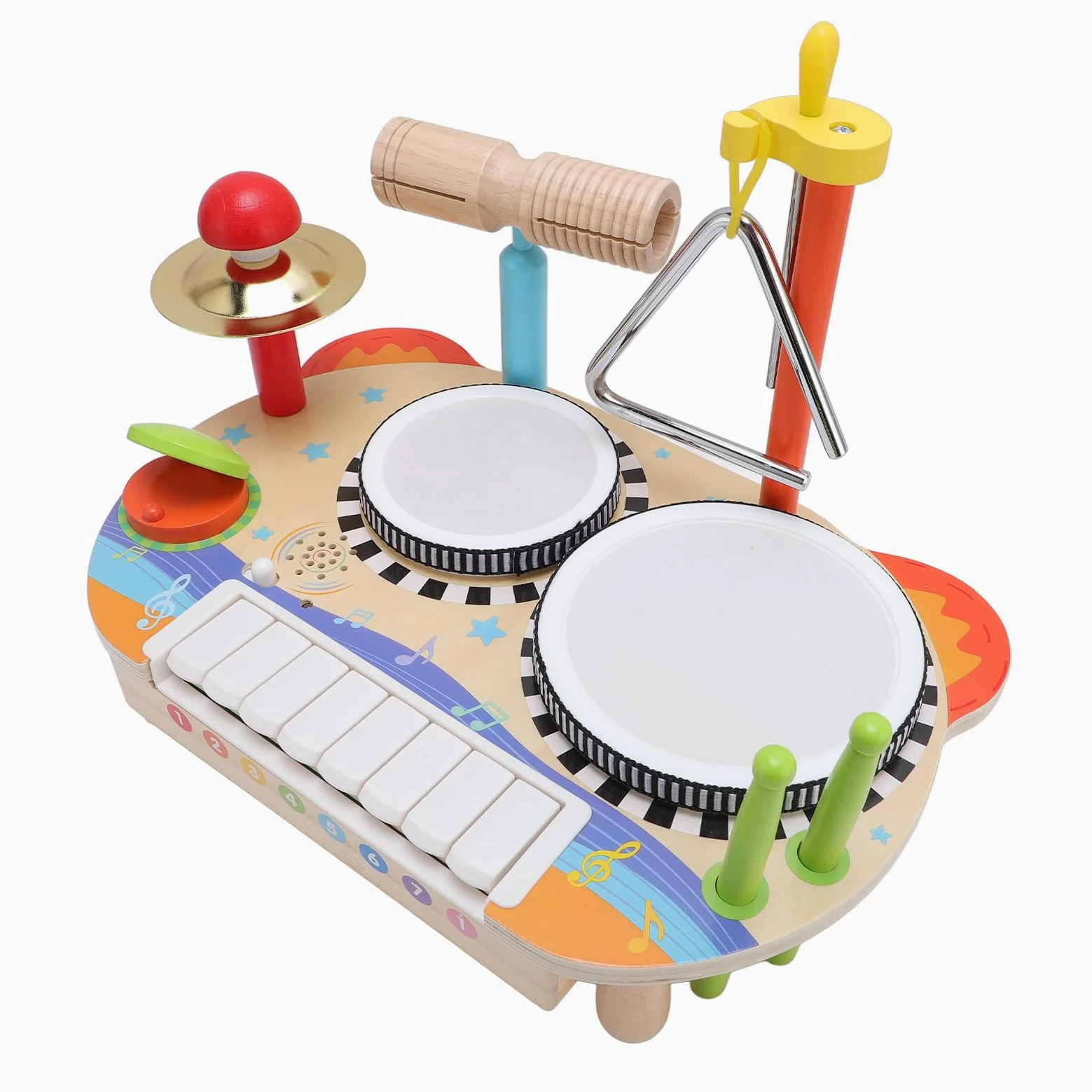 Fockety Set di Tamburo in Legno per Bambini con , Giocattolo Musicale per | Strumento a percussione per bambini, set musicale 3 in 1, per ragazzi e ragazze di età compresa tra 1 e 3 anni