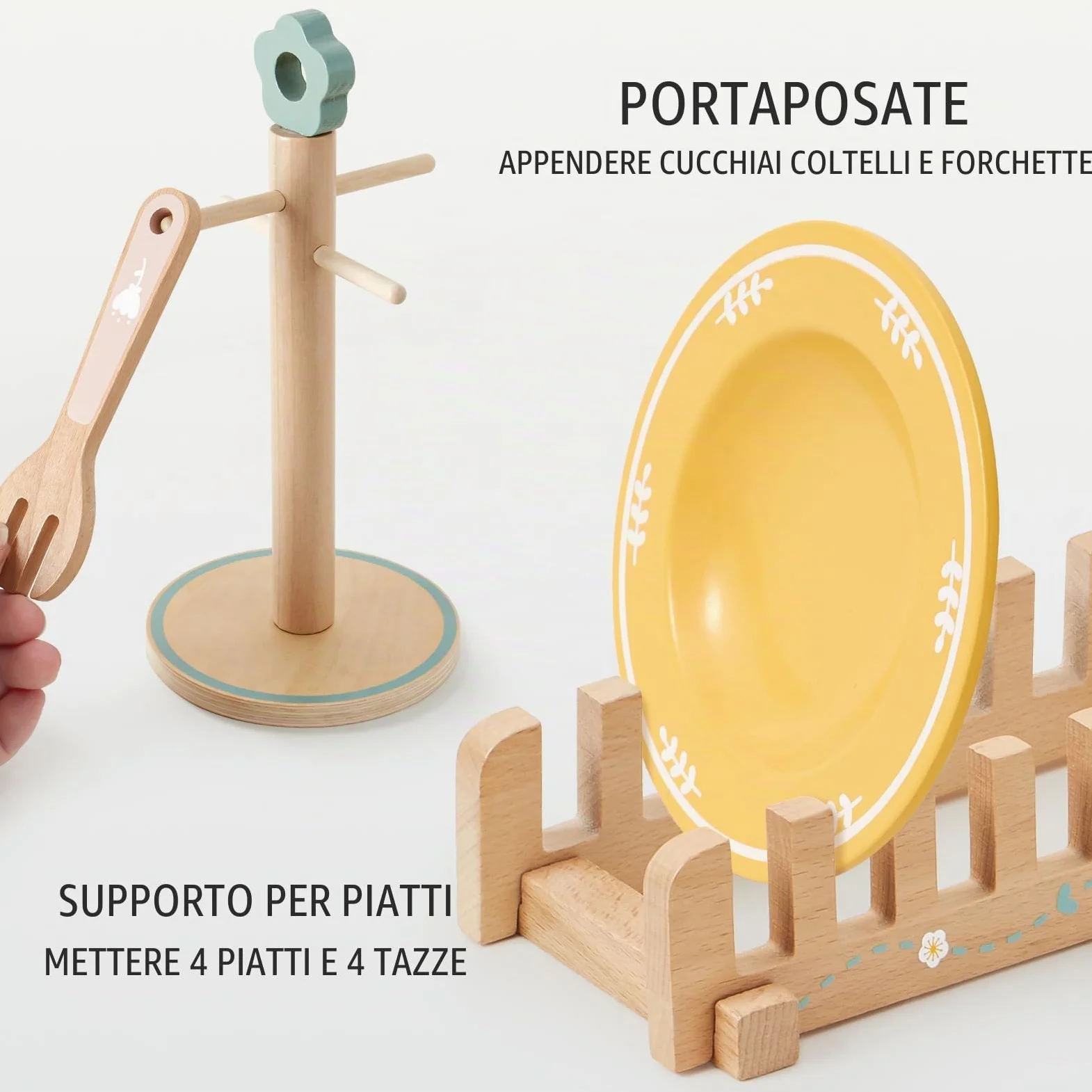 Atoylink Accessori da Cucina per Bambini in Legno: Set Completo con Piatti, Tazze, Posate e Portapiatti - Giochi di Ruolo per Ragazze e Ragazzi 3-8 Anni