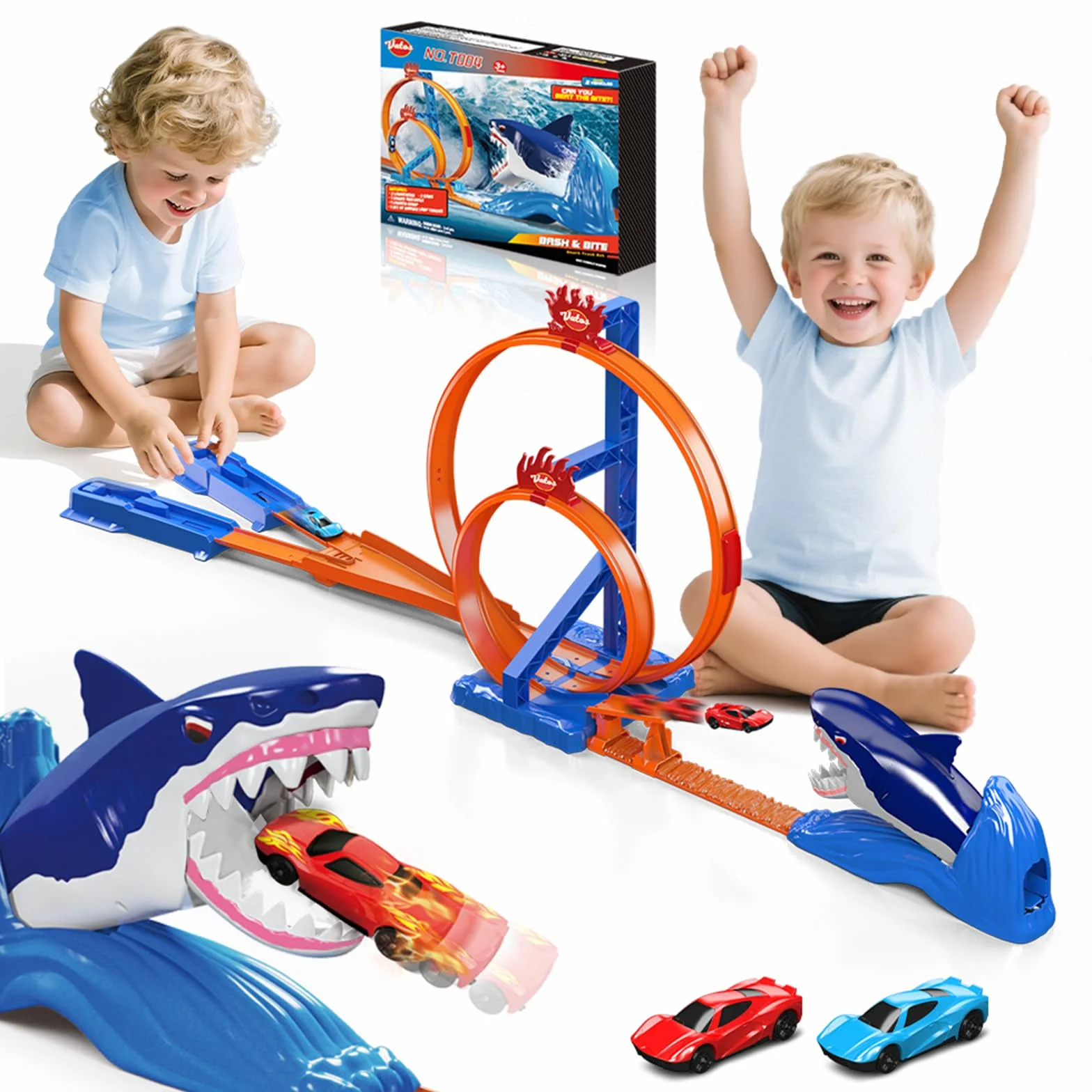 Vatos Circuito di Corsa Squalo per Bambini con 2 Auto da Corsa e 2 Fibbie, Circuito di Cascate Catapulta Squalo, Giocattolo Regalo per Ragazzi 3, 4, 5, 6, 7, 8 Anni