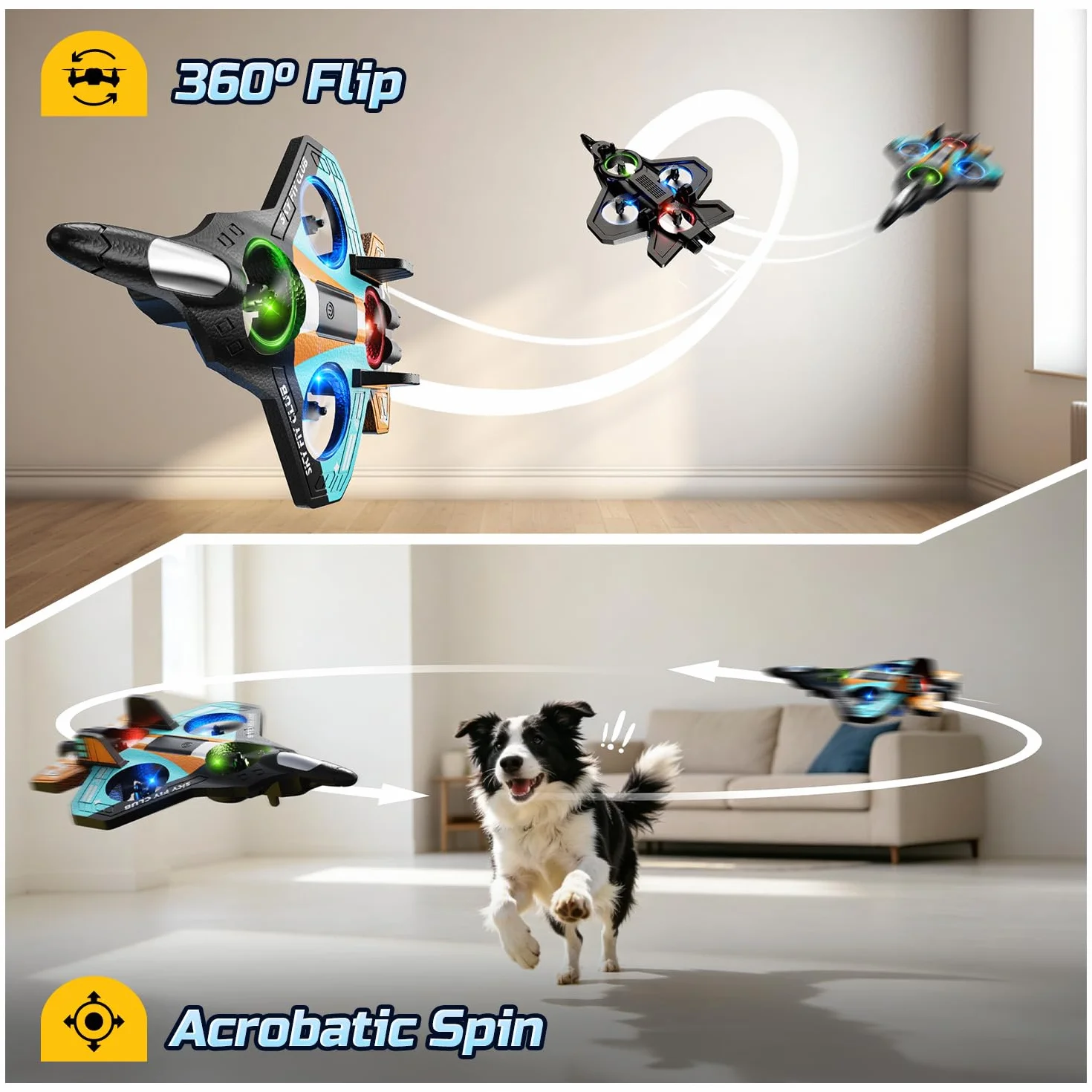 DEERC Aereo in schiuma RC per bambini, aereo radiocomandato in altezza, clip 3D e luci a LED, 2 batterie, aereo RC adatto ai principianti per ragazzi e ragazze (blu-arancio)