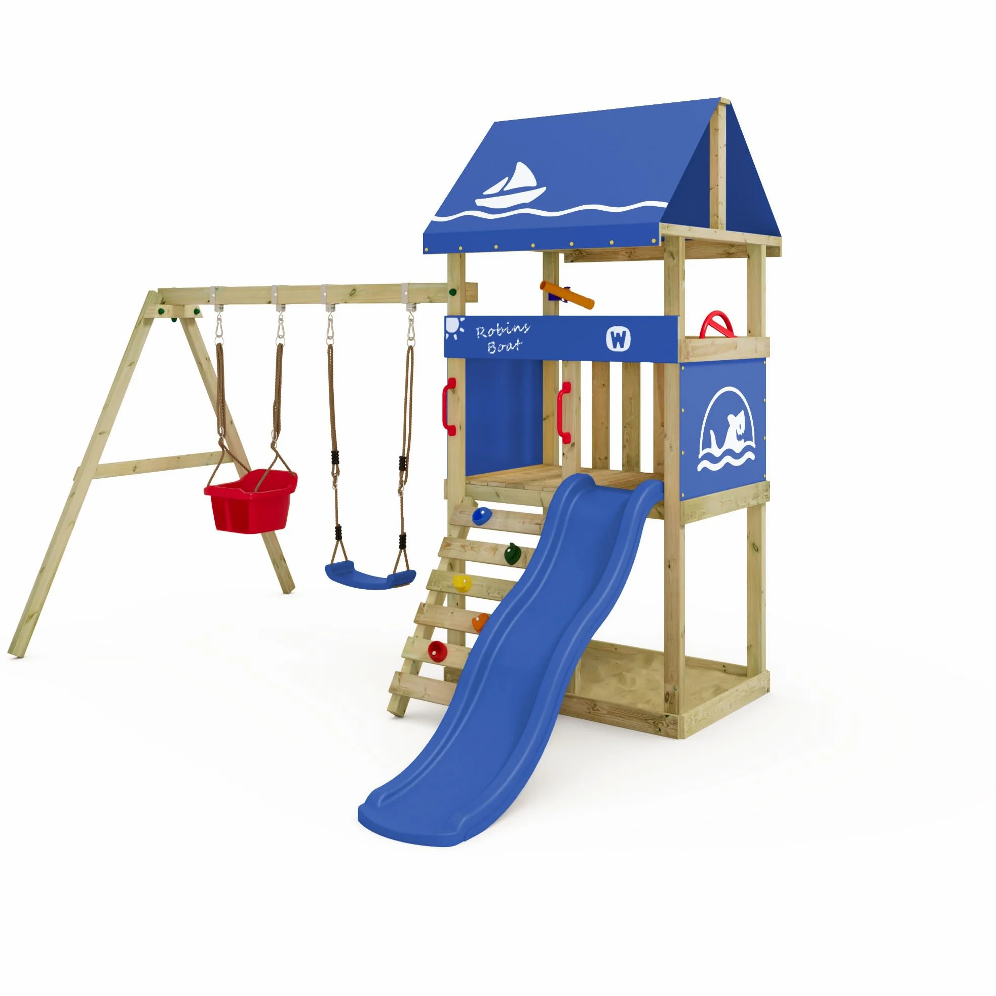Wickey Parco giochi DinkyHouse con estensione dell'altalena - con scivolo & telone blu - Torre di arrampicata per bambini per il giardino in legno massiccio - 303x317x247 cm