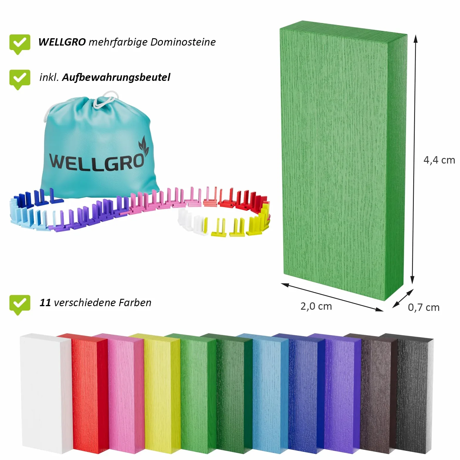WELLGRO Domino - Mattoncini da costruzione in legno di pino ecologico, con sacchetto, blocchi di legno, colore atossico, numero di pezzi: 1200 pezzi