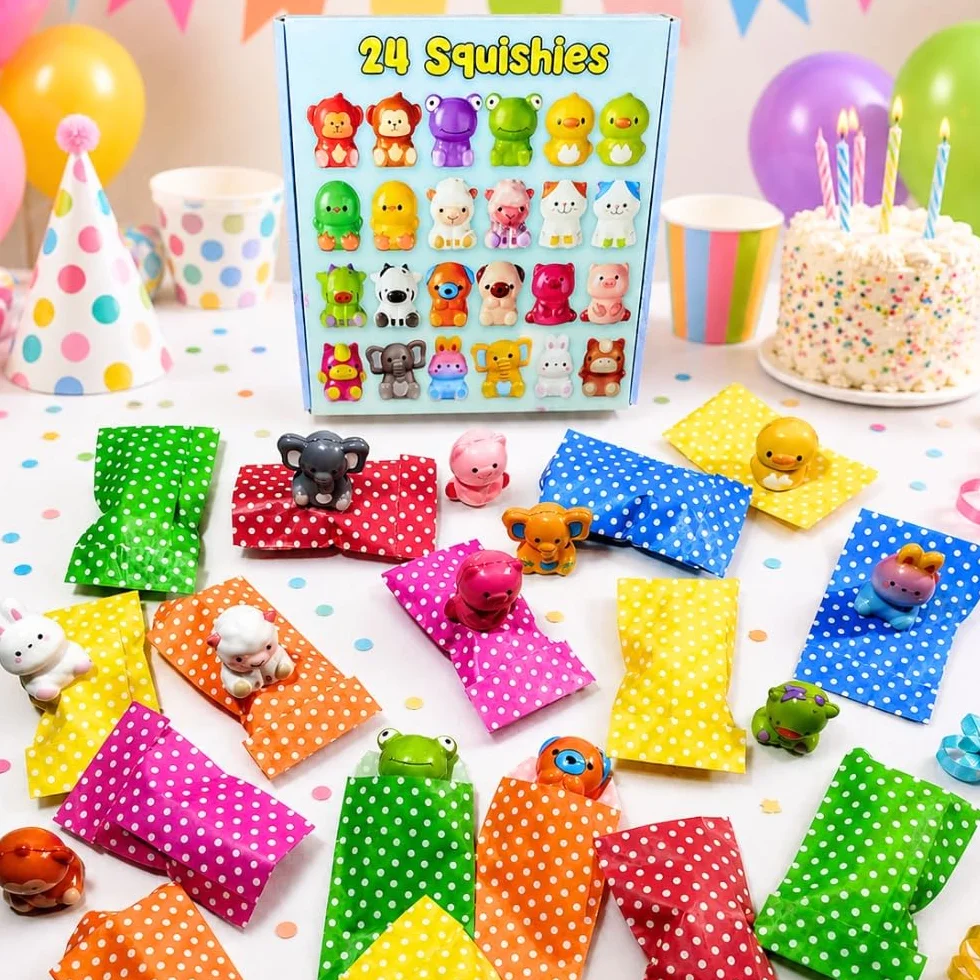 24 PCS Squishy Animali + Sacchetti Regalo Singoli, Giochi Antistress, Tocco Morbido, Espansione Lenta, Gadget Compleanno Bambini | Pack 24 Squishy + Sacchetti Regalo