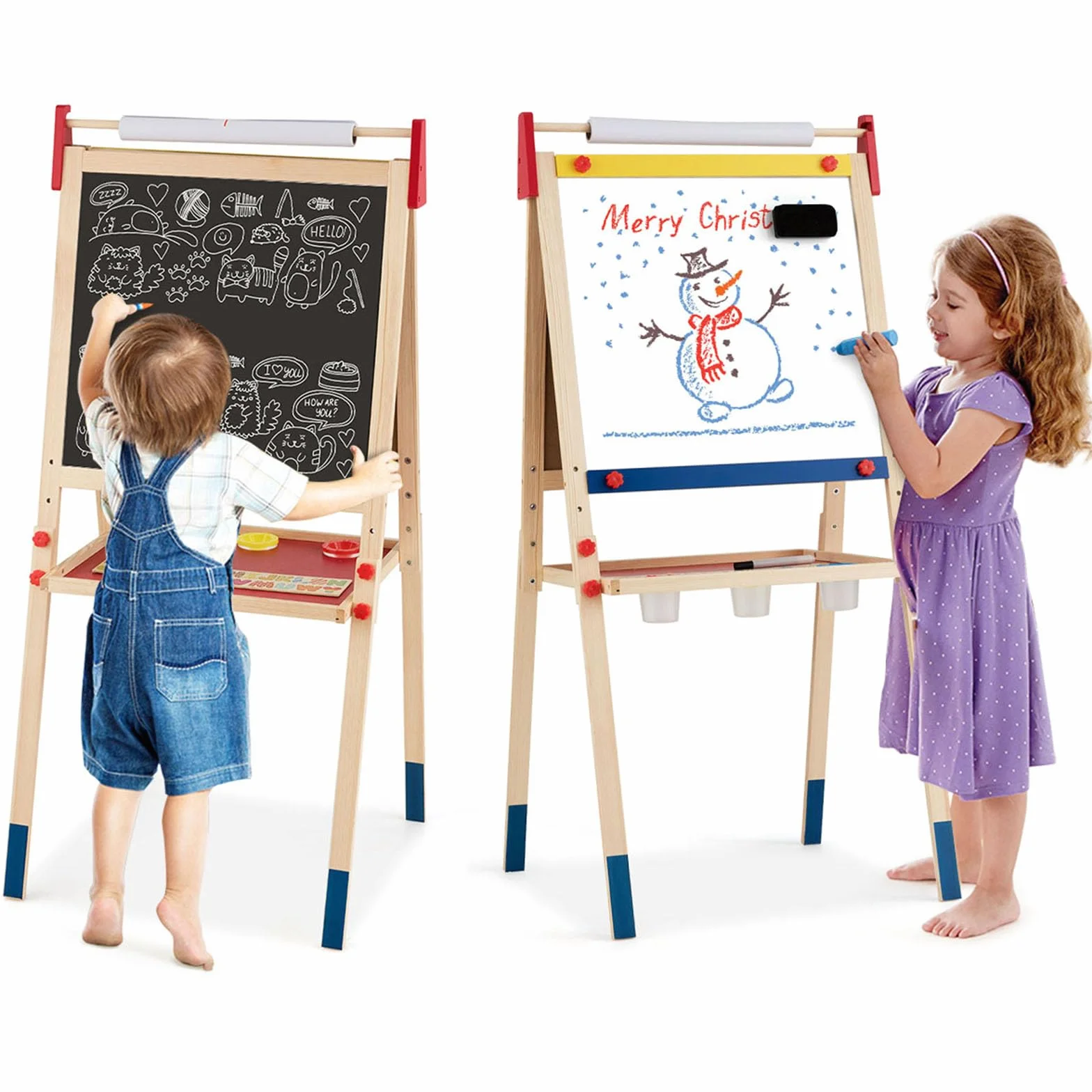 COSTWAY Cavalletto per Bambini 3 in 1, Lavagna Bifacciale, Legno (60x55x112,5-124,5 cm)
