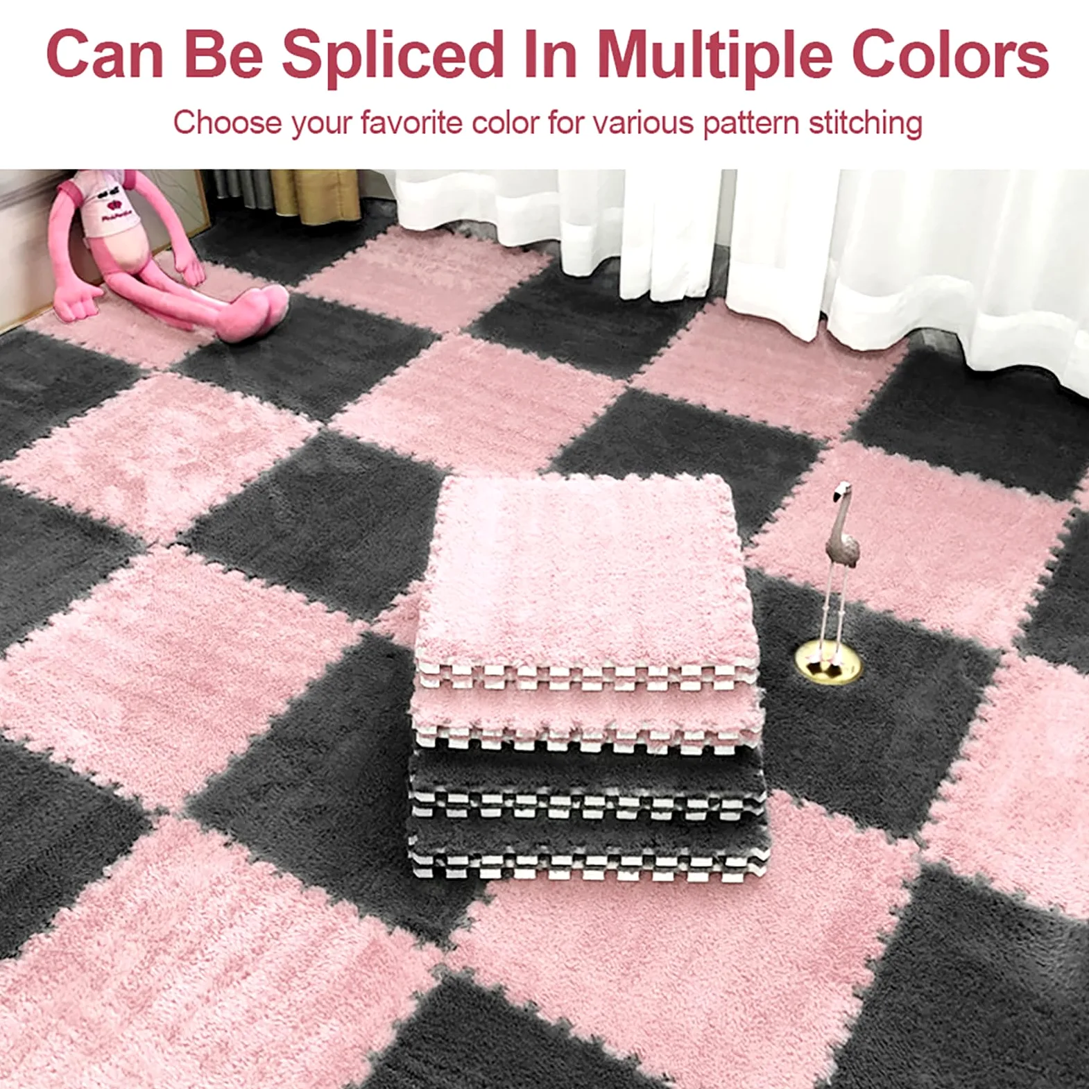 12 Pezzi Tappeto Puzzle in EVA, Tappeti Puzzle in Peluche Interconnessi, 30x30cm Tappeto Gioco Antiscivolo per Camera da Letto, Soggiorno e Cameretta Bambini (Rosa Chiaro)