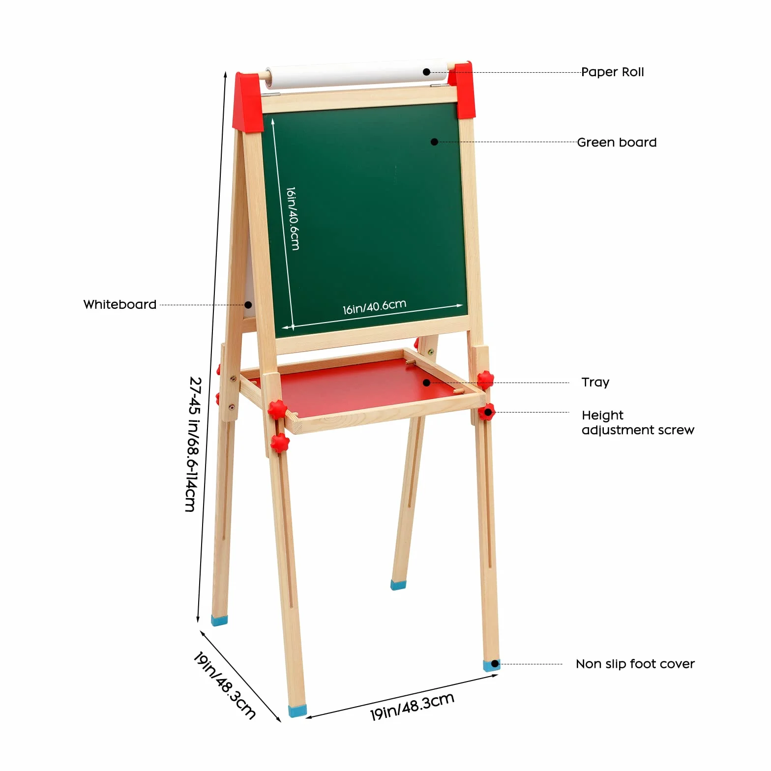 Lavagna per Bambini 3 in 1 con Cavalletto in Legno, Doppia Faccia e Altezza Regolabile