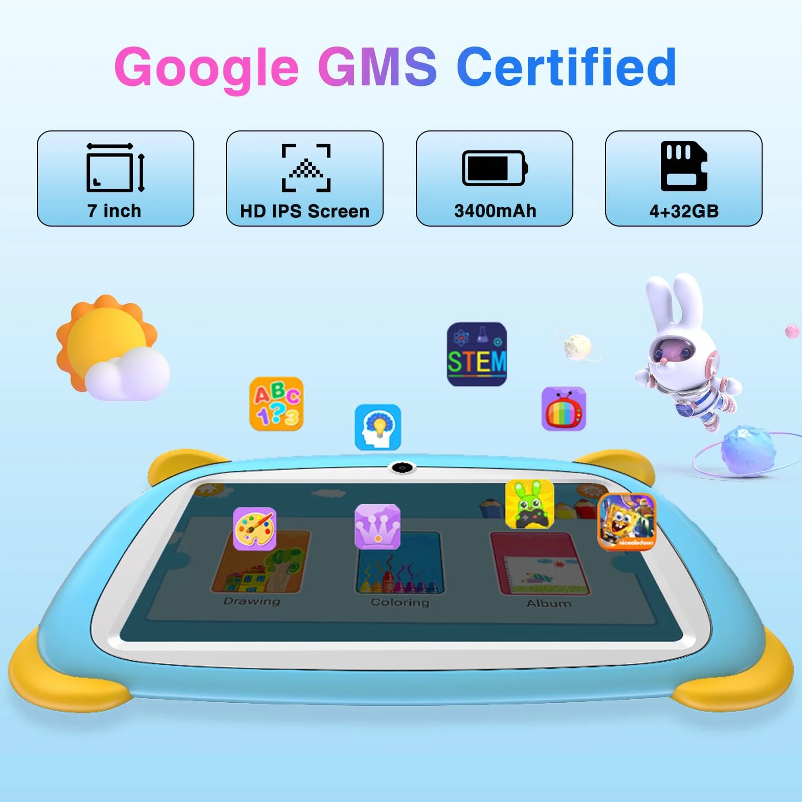 U7 Tablet per Bambini 7 Pollici, Android Tablets, Tablet bambini,4GB (2GB+2GB) RAM+32GB ROM/TF 1TB, compatibile con Kids Space, Kids Software, Wifi,Tablets PC con Controllo Parentale Blu